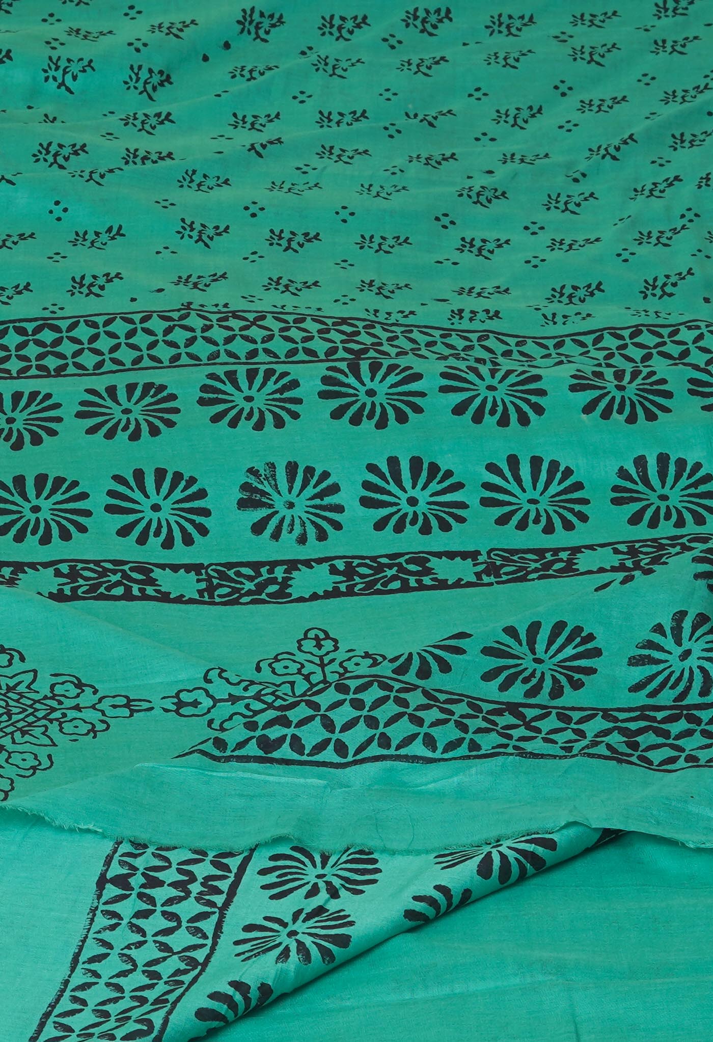 Green Pure Dyed Hand Block Printed Soft Cotton Saree