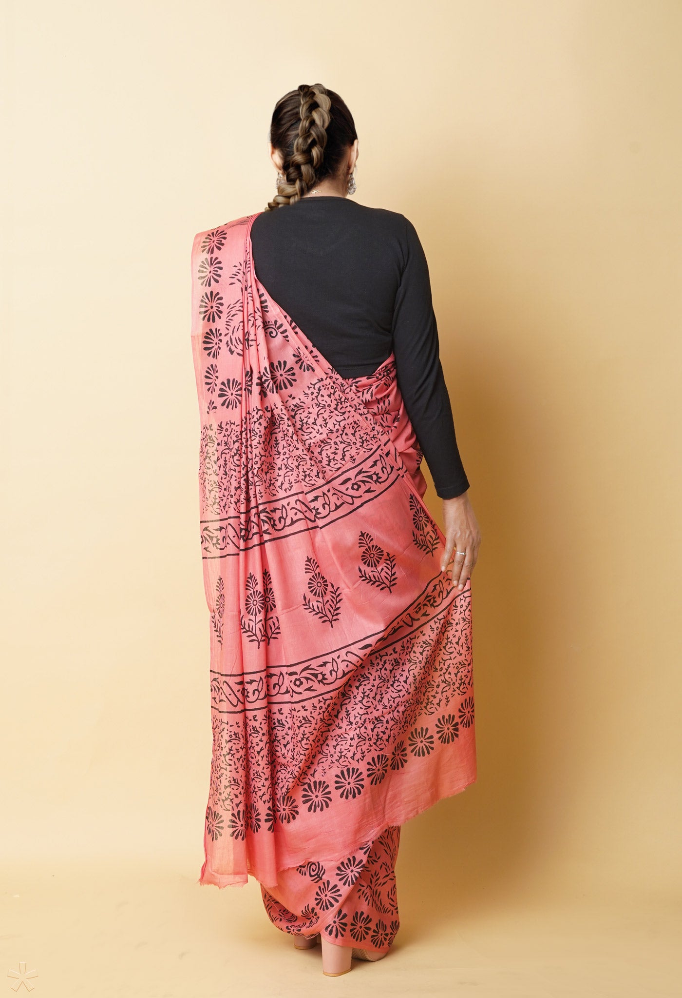 Peach Red Pure Dyed Hand Block Printed Soft Cotton Saree