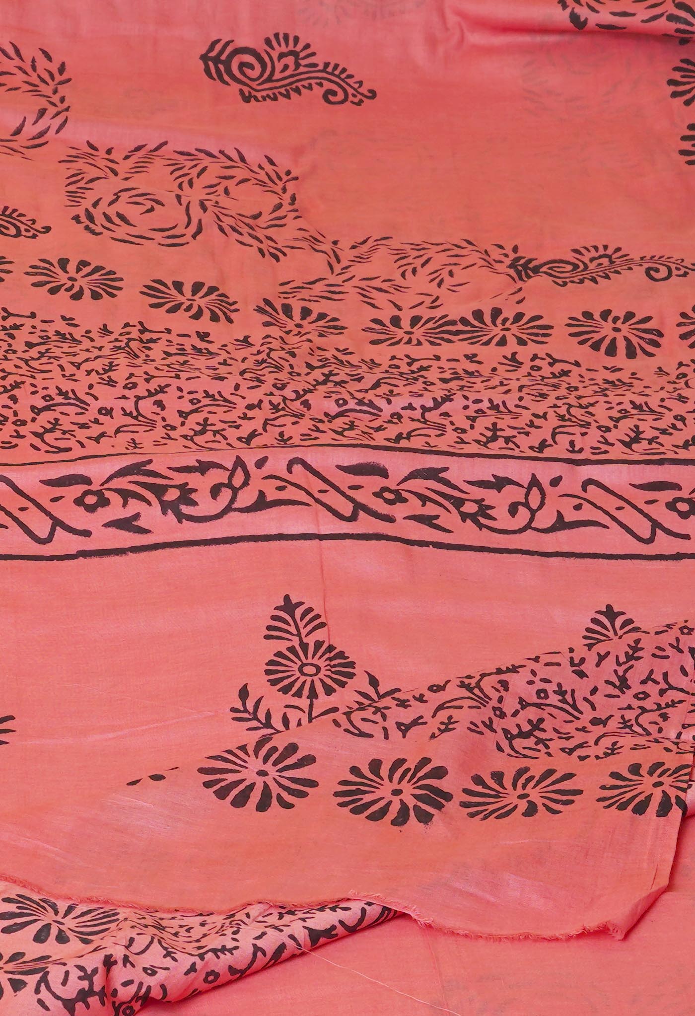 Peach Red Pure Dyed Hand Block Printed Soft Cotton Saree