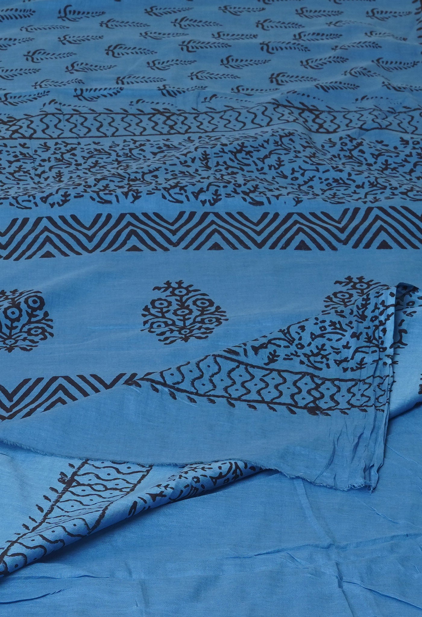 Blue Pure Dyed Hand Block Printed Soft Cotton Saree