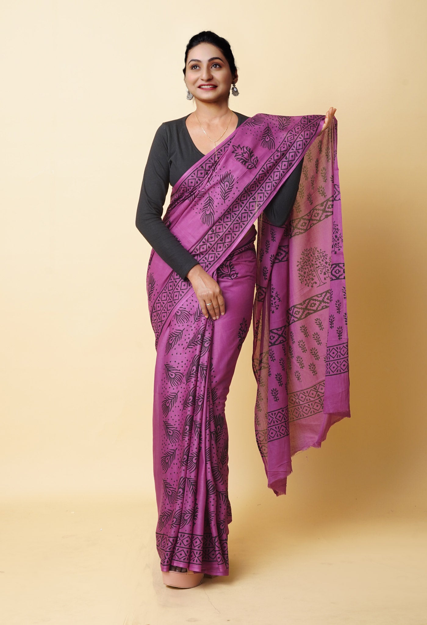 Purple Pure Dyed Hand Block Printed Soft Cotton Saree