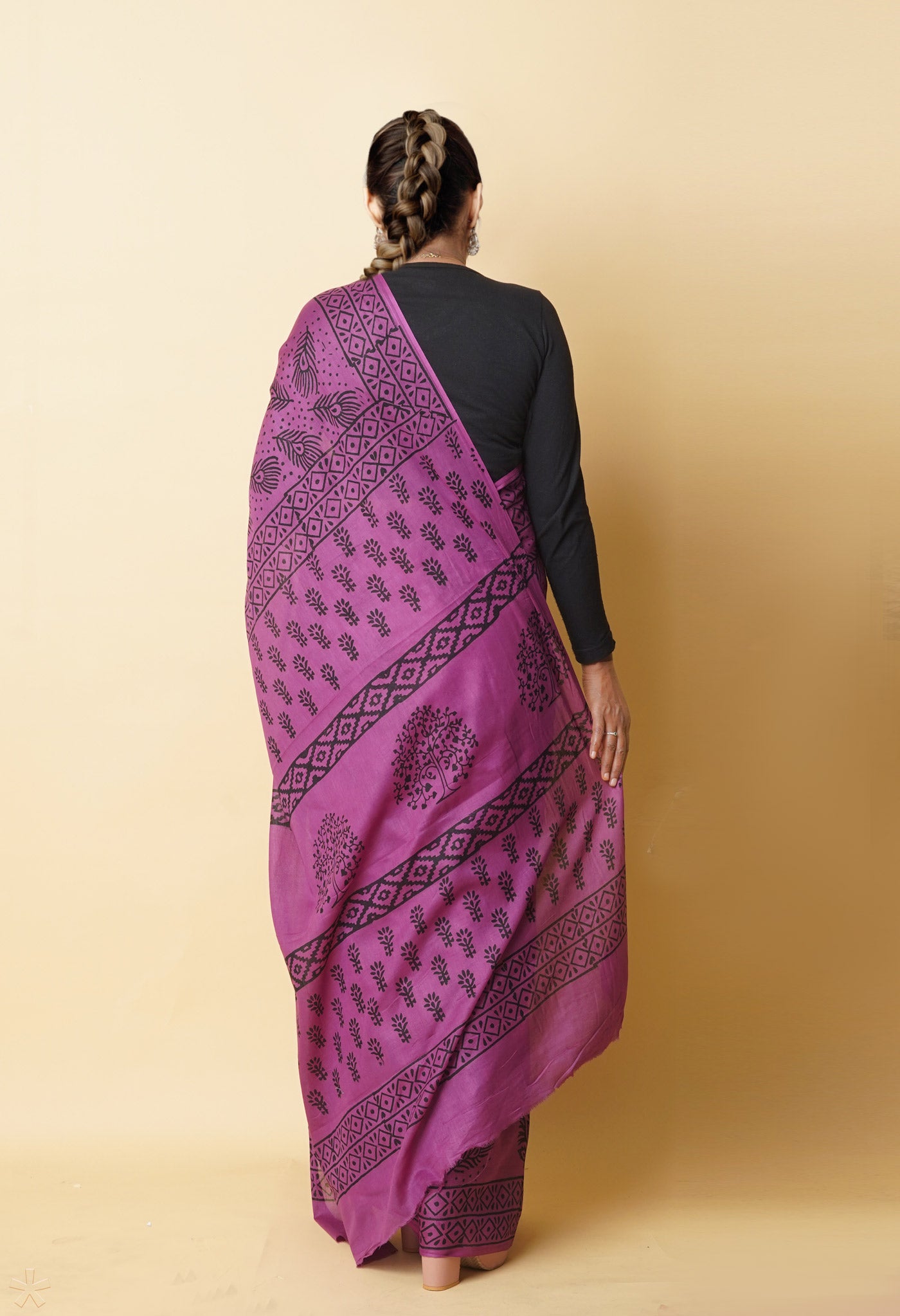 Purple Pure Dyed Hand Block Printed Soft Cotton Saree