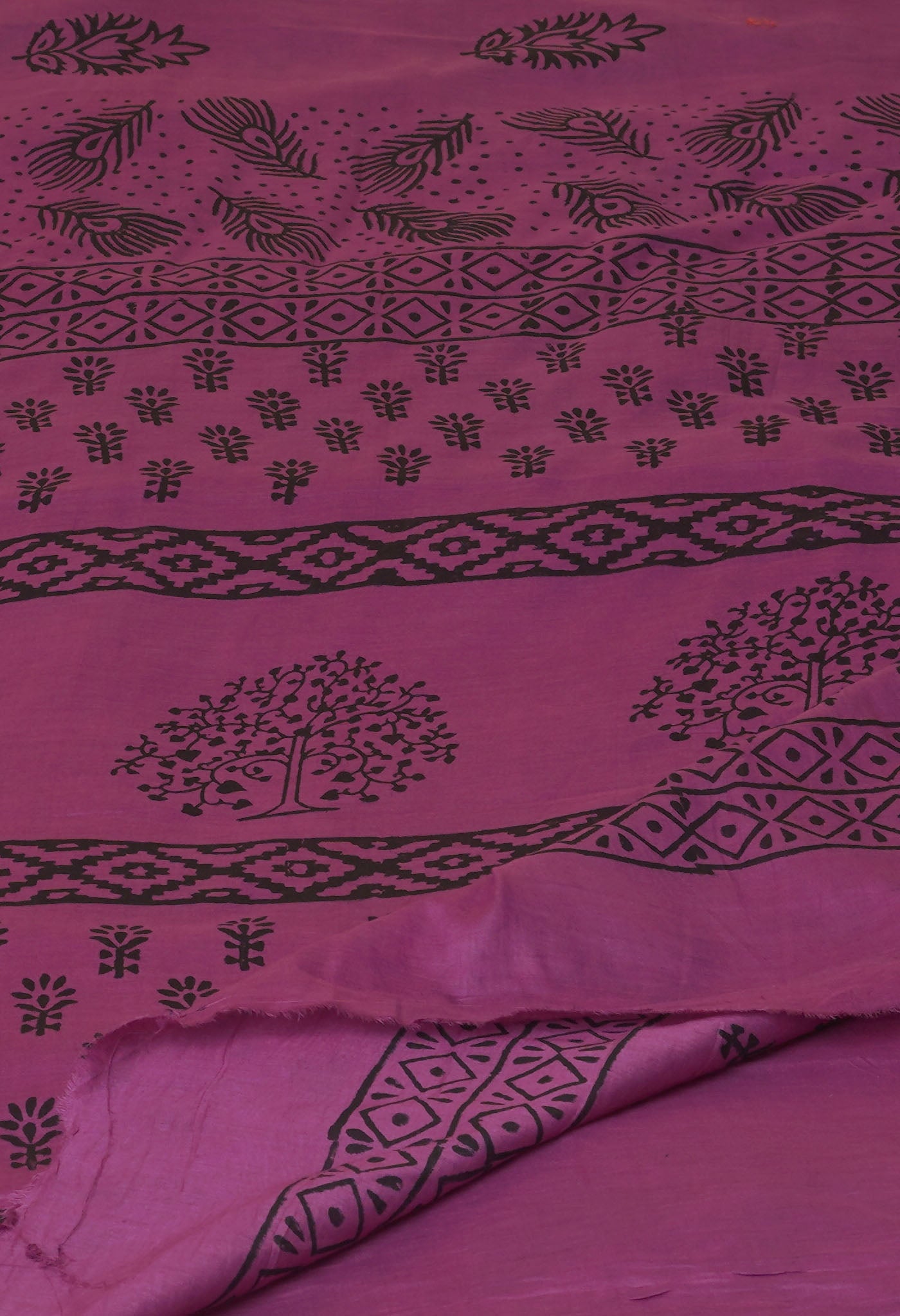 Purple Pure Dyed Hand Block Printed Soft Cotton Saree