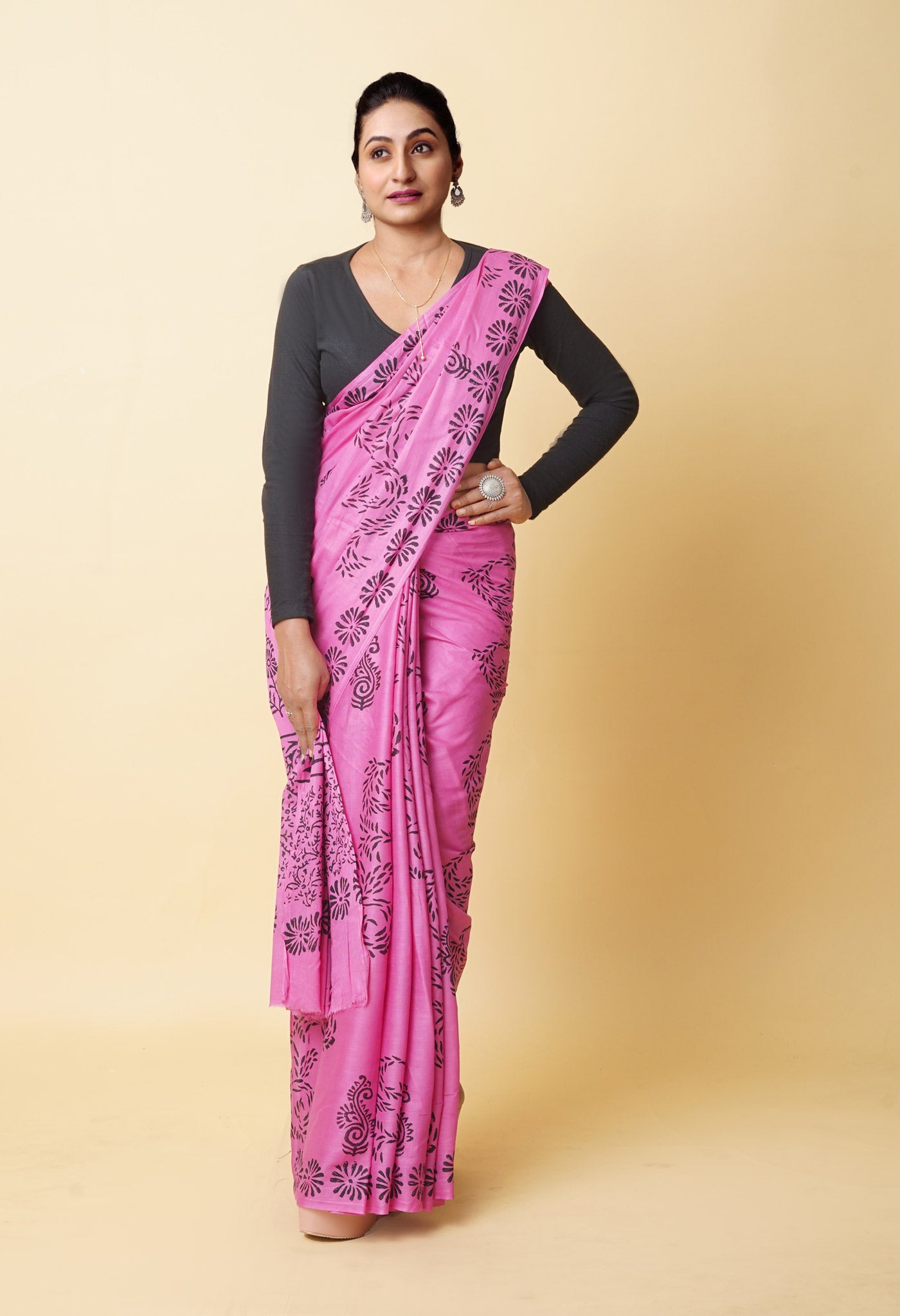 Pink Pure Dyed Hand Block Printed Soft Cotton Saree