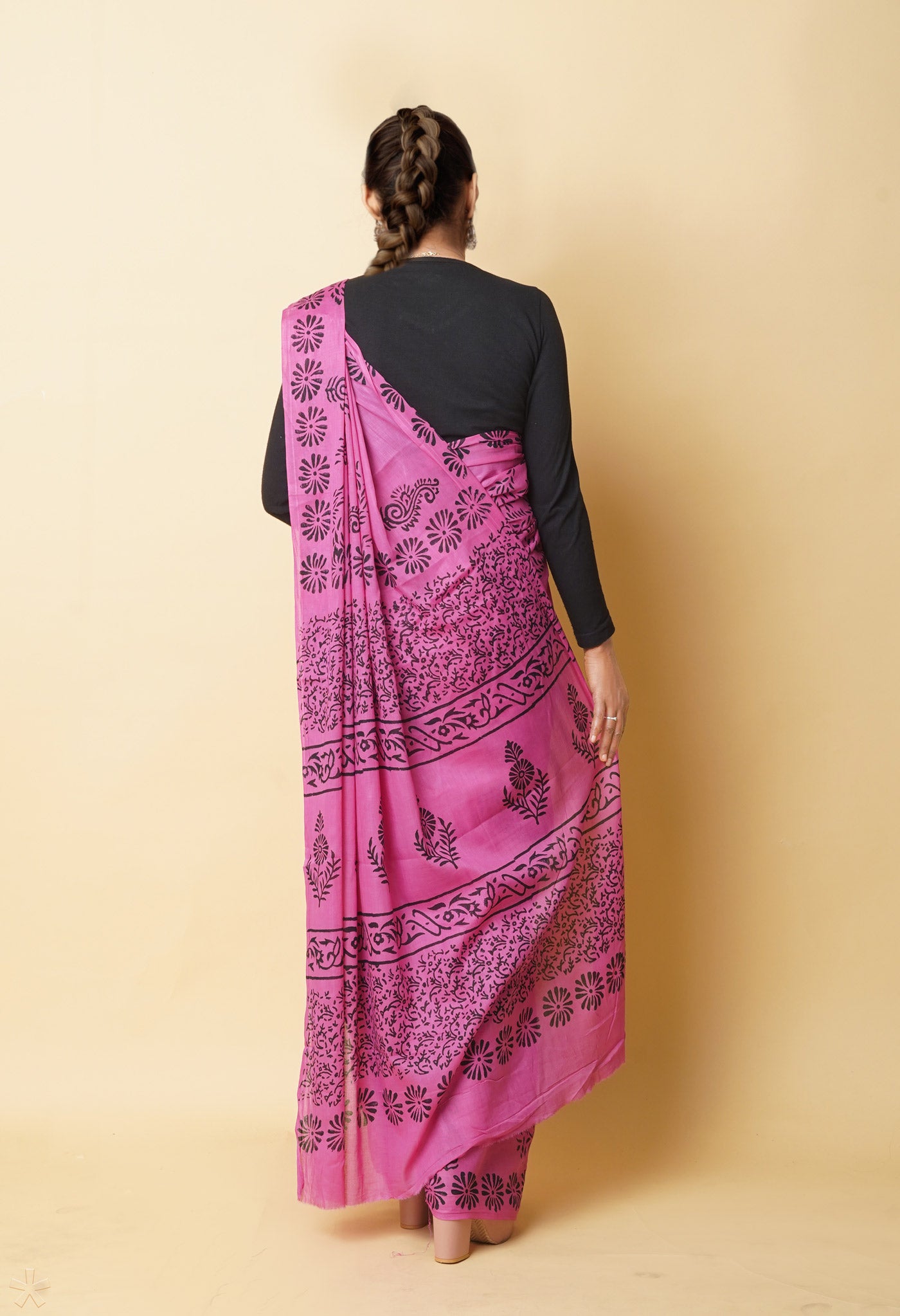 Pink Pure Dyed Hand Block Printed Soft Cotton Saree