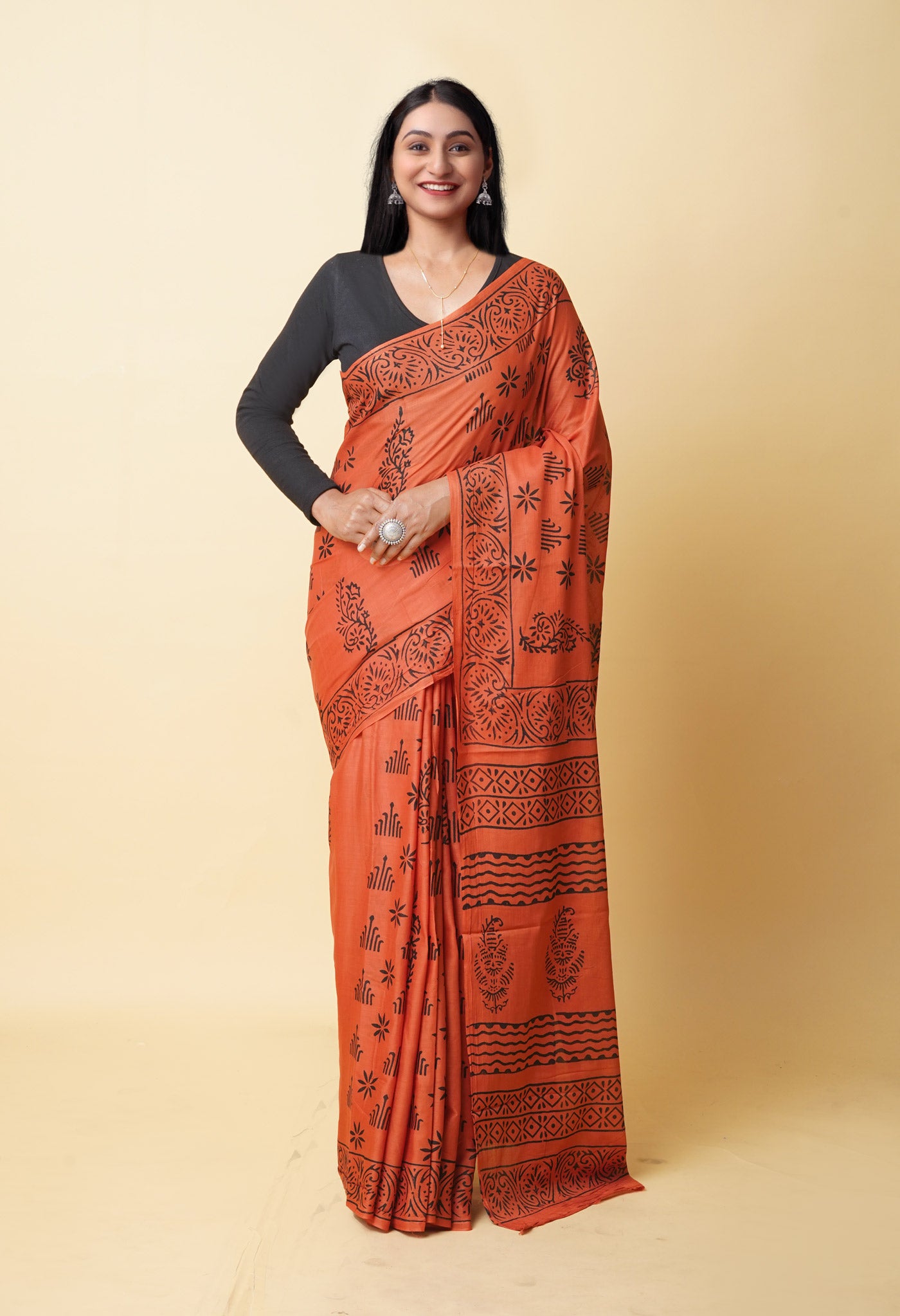 Orange Pure Dyed Hand Block Printed Soft Cotton Saree