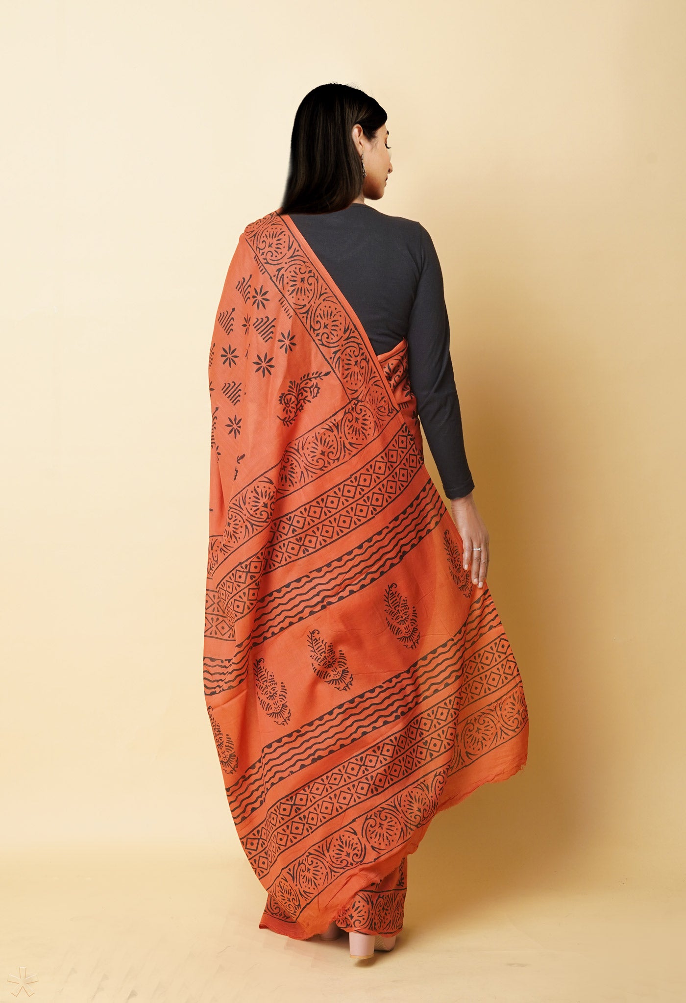 Orange Pure Dyed Hand Block Printed Soft Cotton Saree