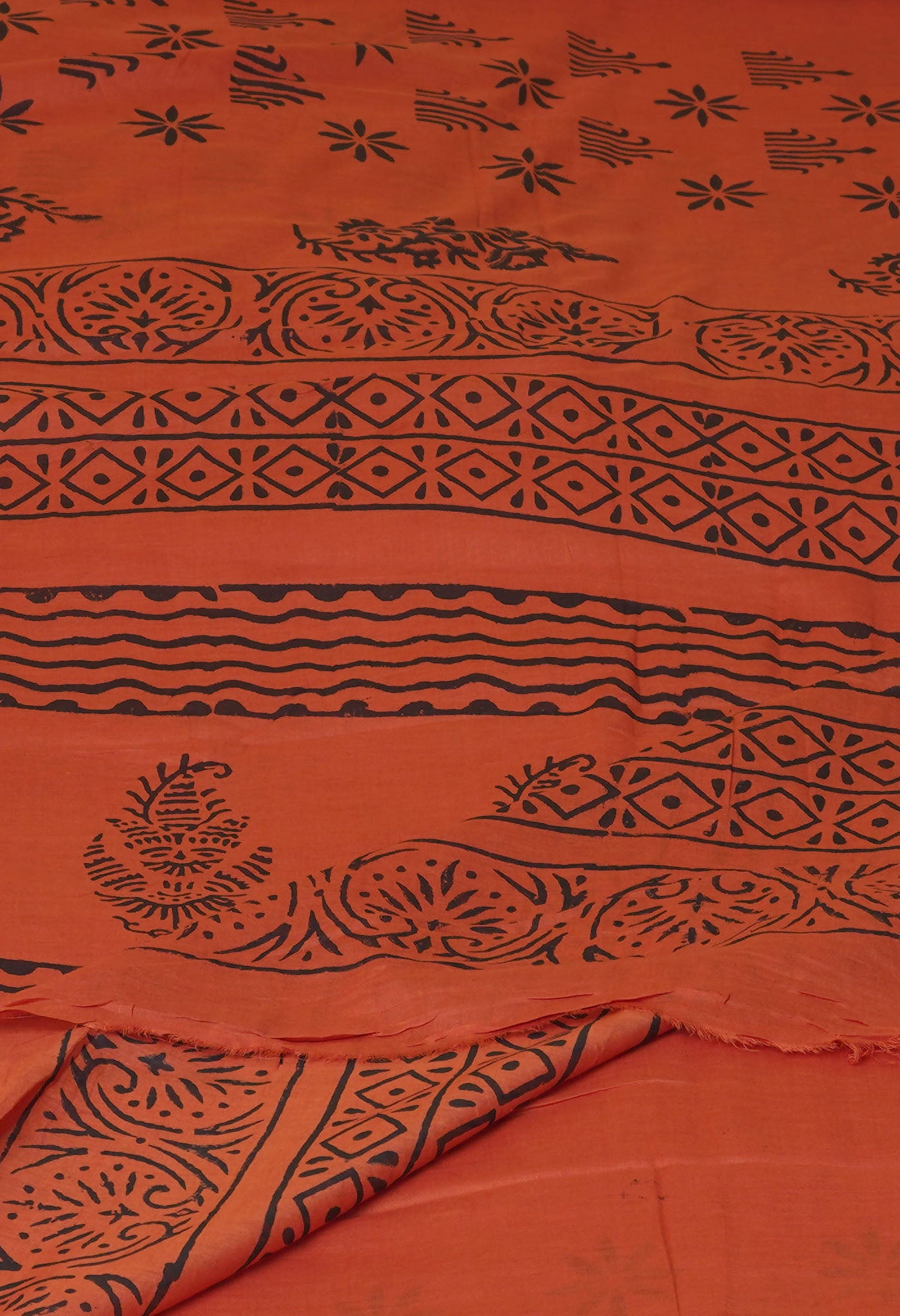 Orange Pure Dyed Hand Block Printed Soft Cotton Saree