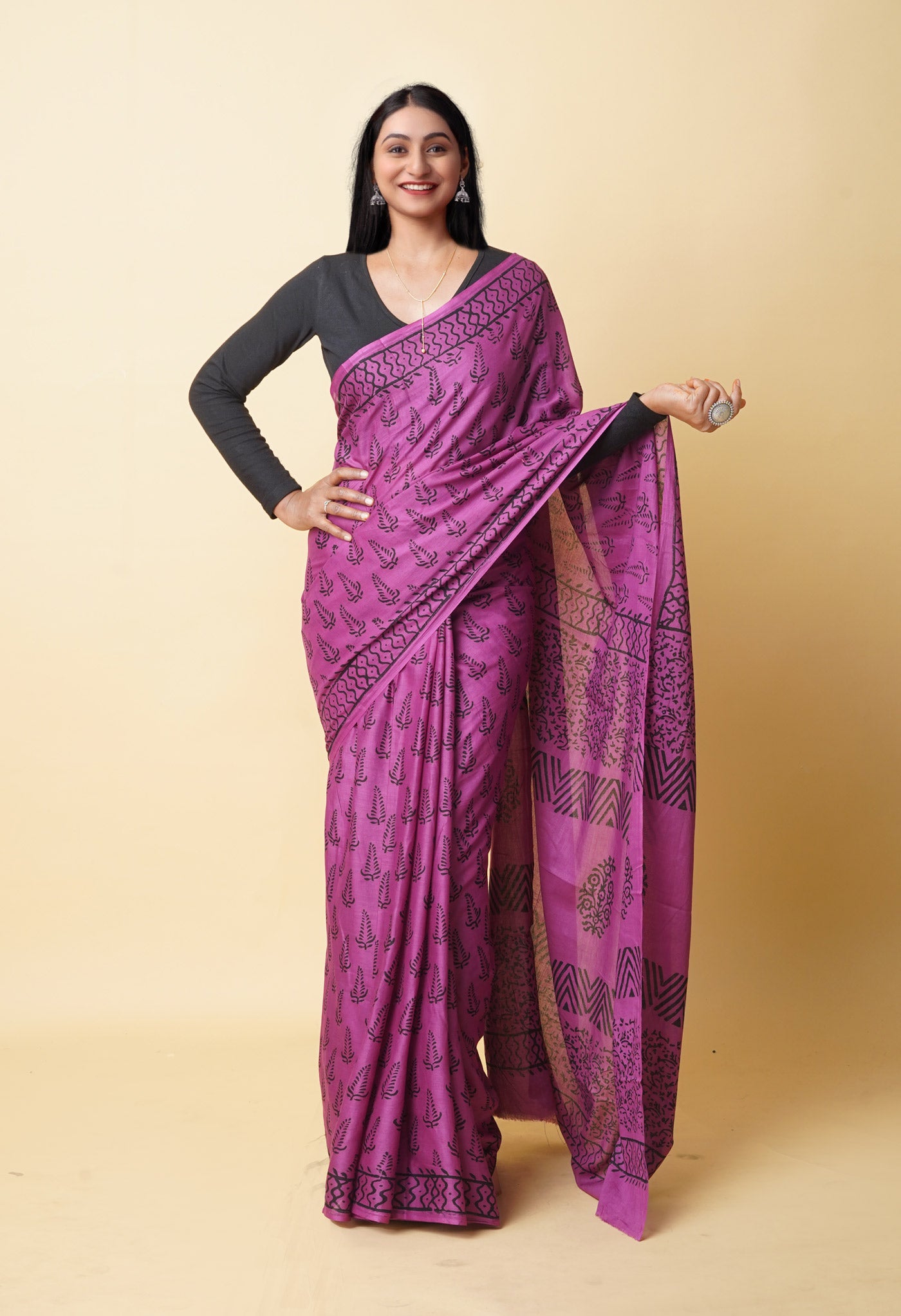 Purple Pure Dyed Hand Block Printed Soft Cotton Saree