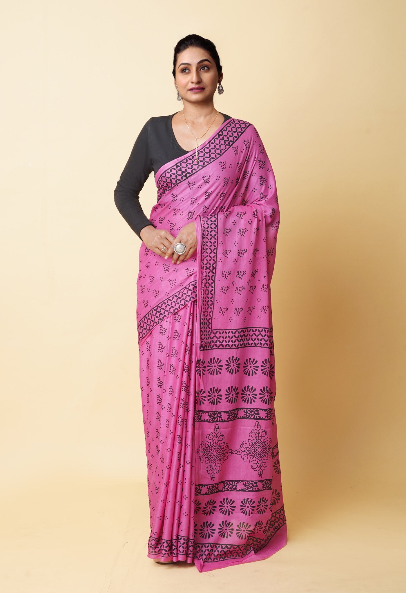 Pink Pure Dyed Hand Block Printed Soft Cotton Saree