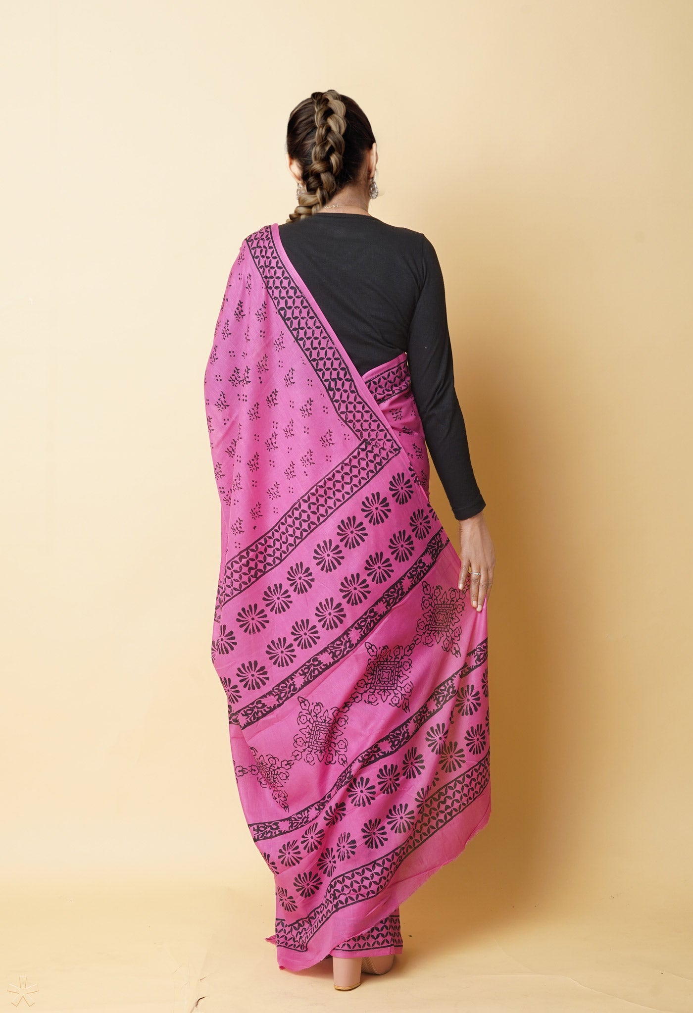 Pink Pure Dyed Hand Block Printed Soft Cotton Saree