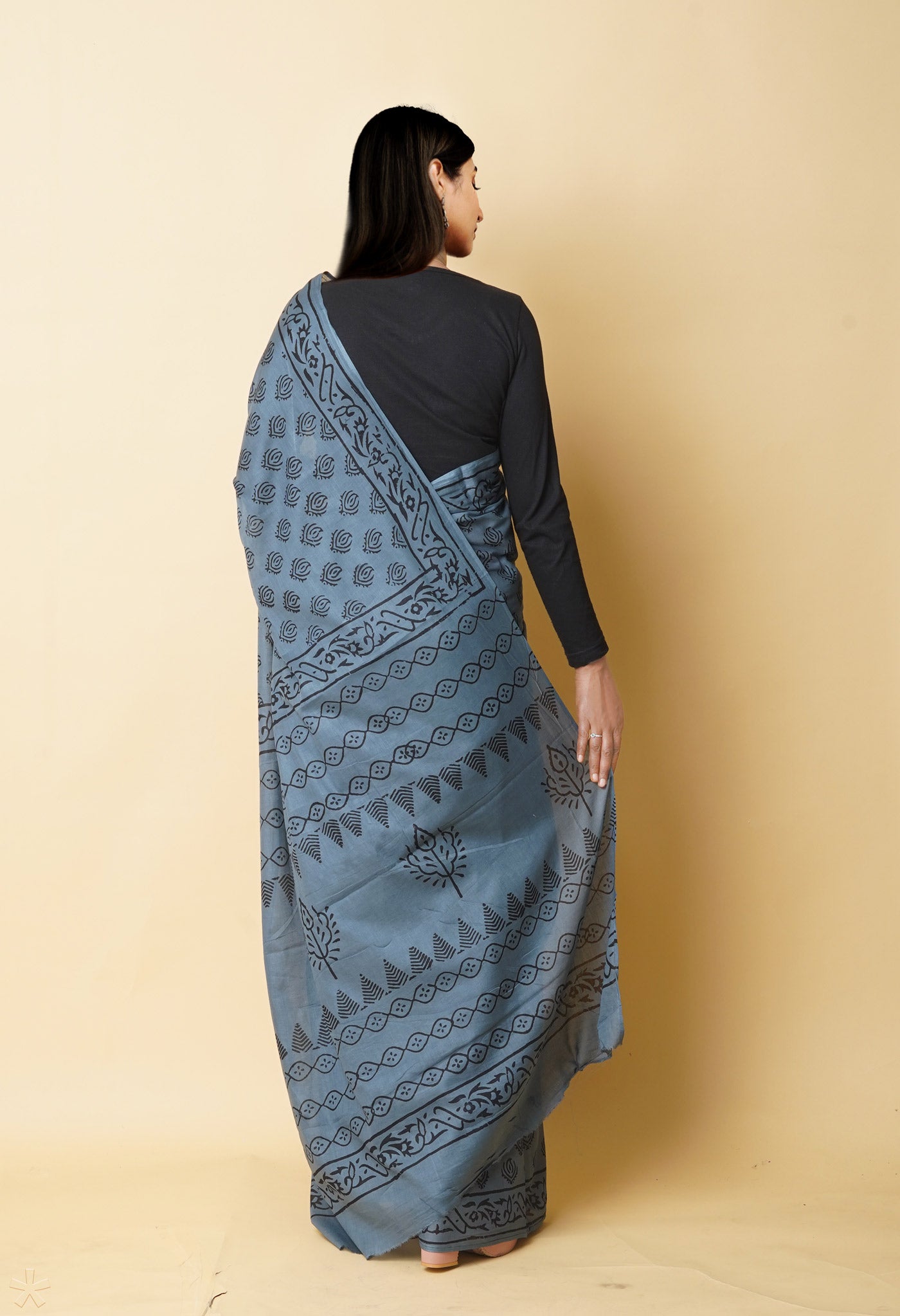 Grey Pure Dyed Hand Block Printed Soft Cotton Saree