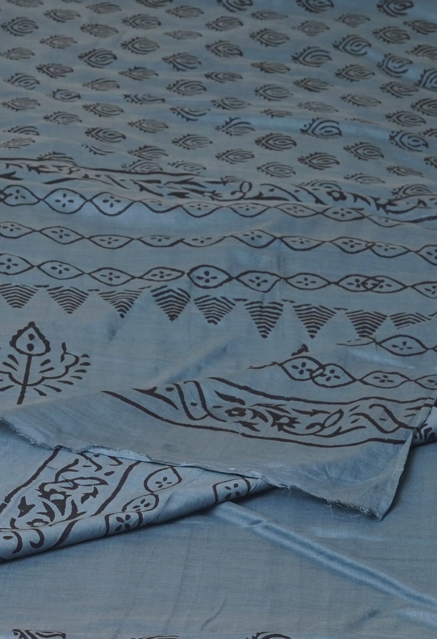 Grey Pure Dyed Hand Block Printed Soft Cotton Saree