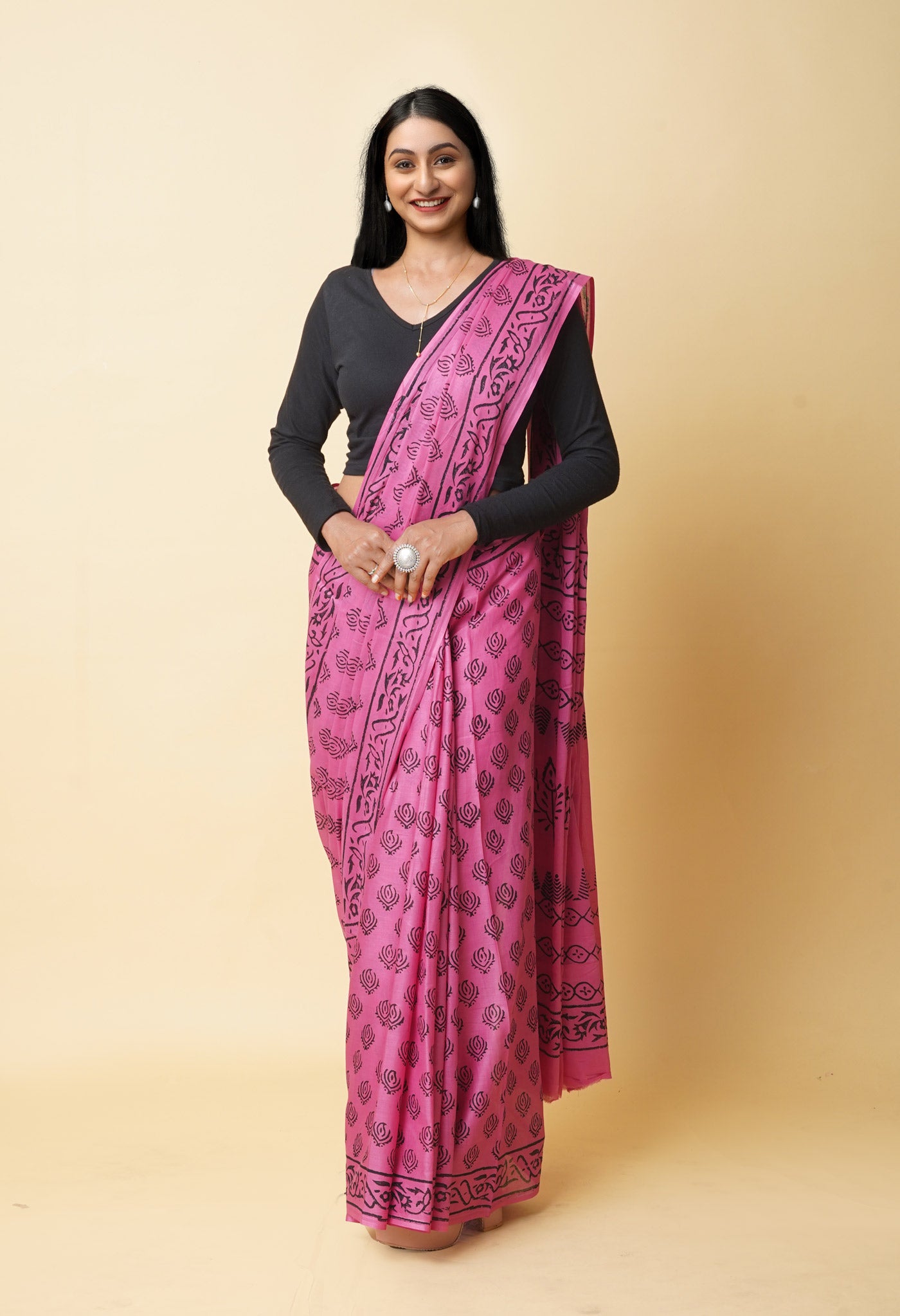 Pink Pure Dyed Hand Block Printed Soft Cotton Saree