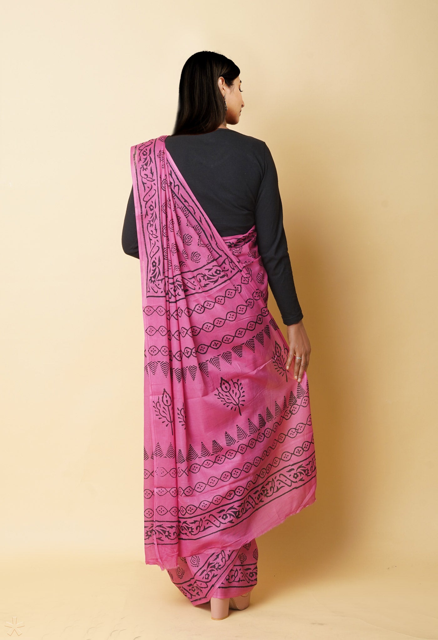 Pink Pure Dyed Hand Block Printed Soft Cotton Saree