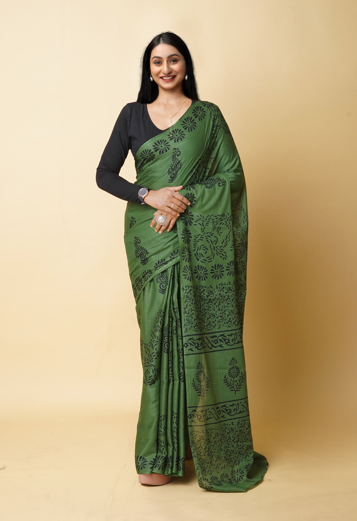 Green Pure Dyed Hand Block Printed Soft Cotton Saree