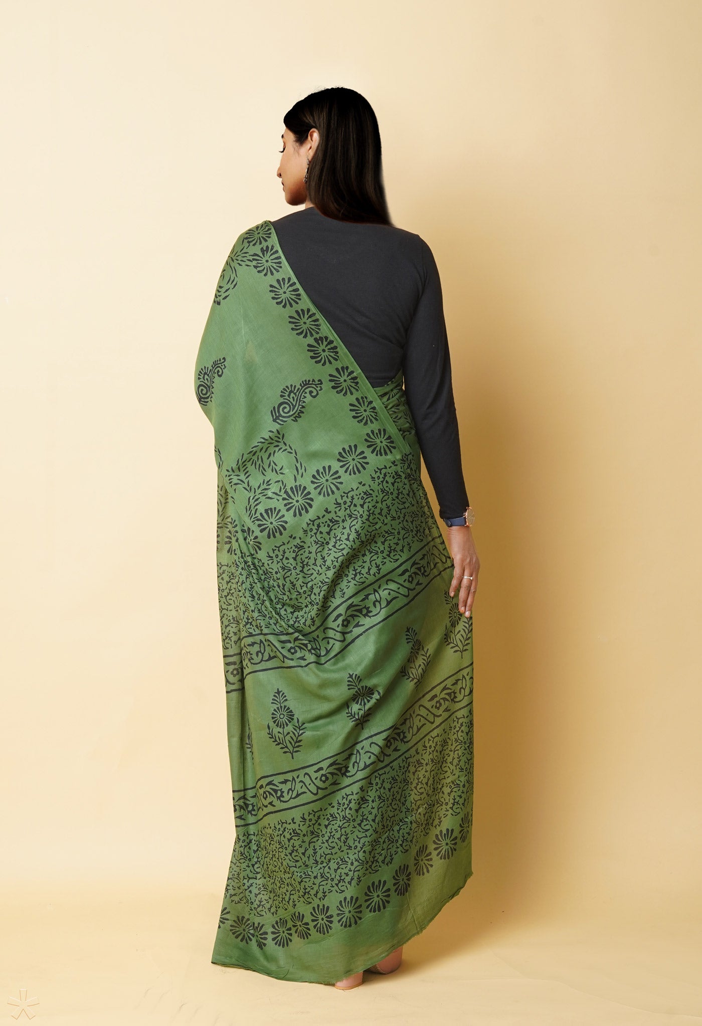 Green Pure Dyed Hand Block Printed Soft Cotton Saree