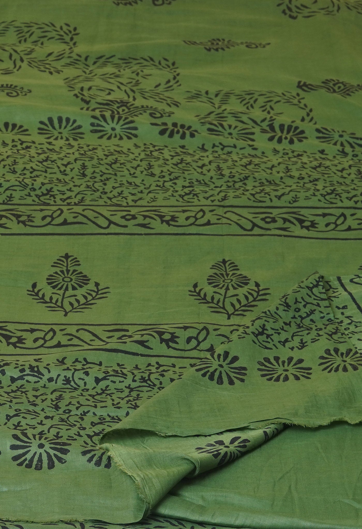 Green Pure Dyed Hand Block Printed Soft Cotton Saree