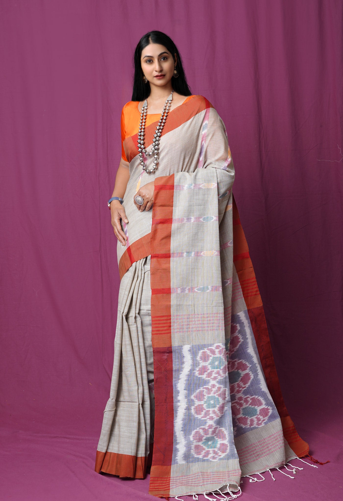 Light Grey Pure  Pochampally  Linen Saree