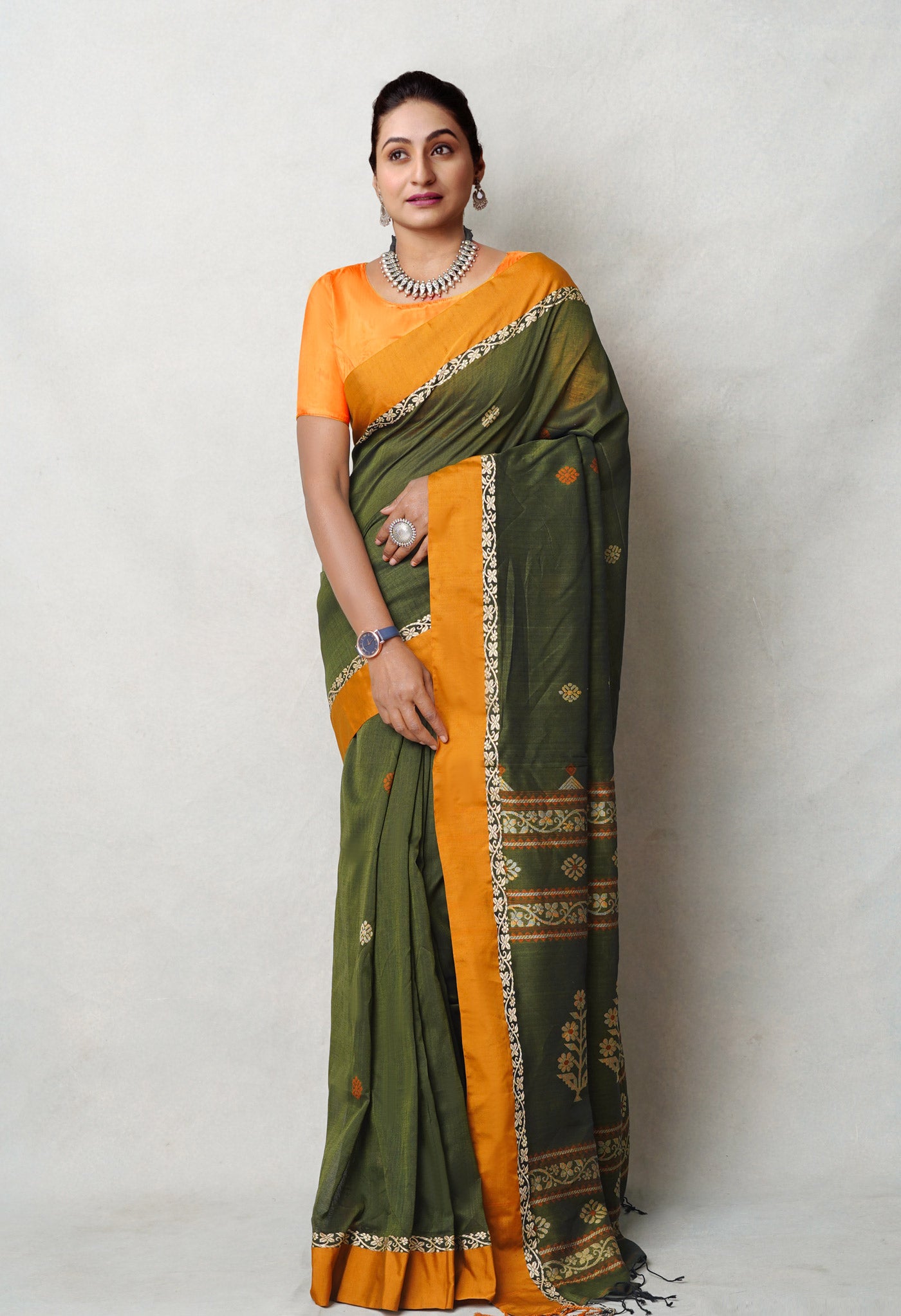 Green Pure  Mercerized Bengal Linen Saree