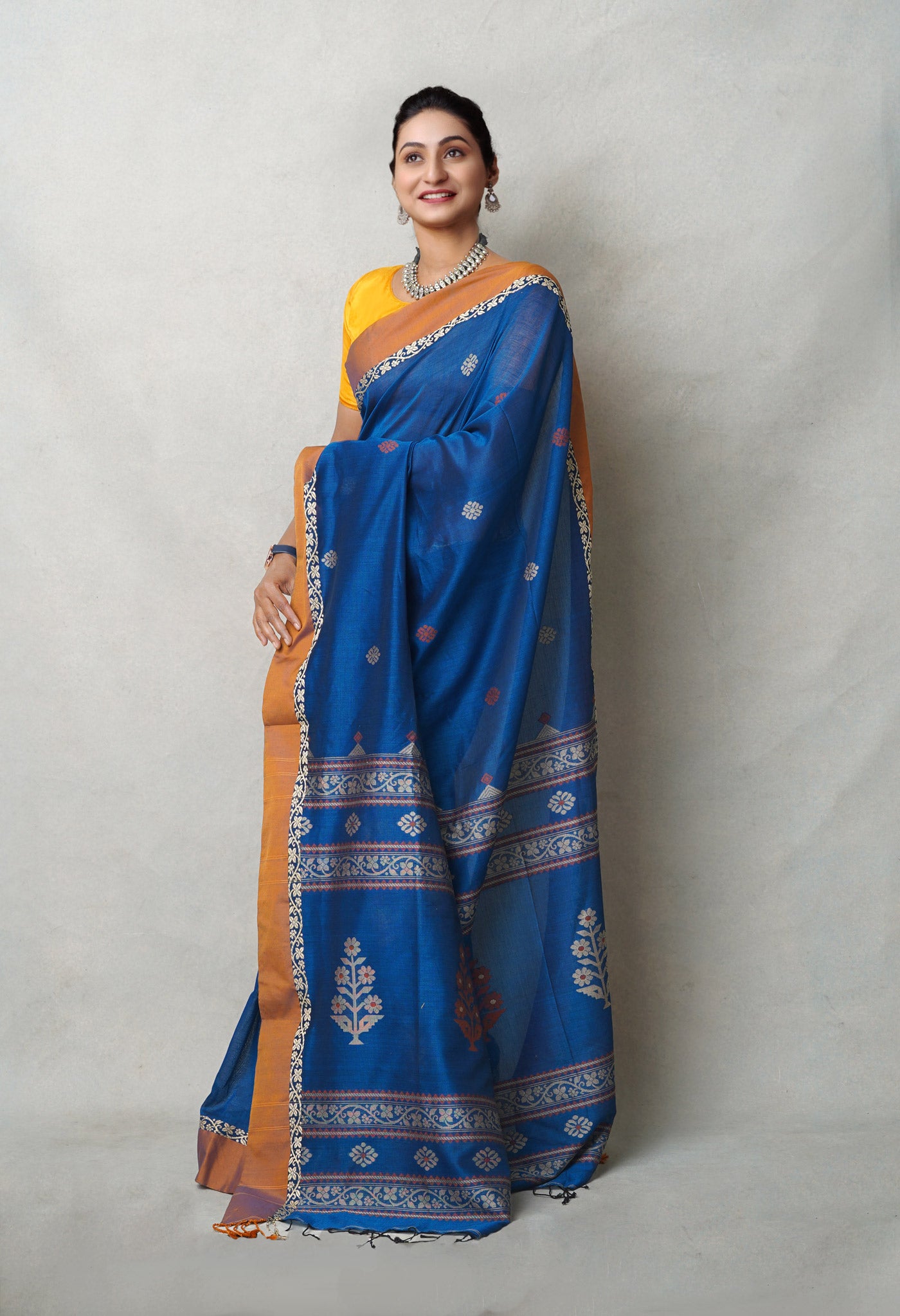 Peacock Blue Pure  Mercerized Bengal Linen Saree