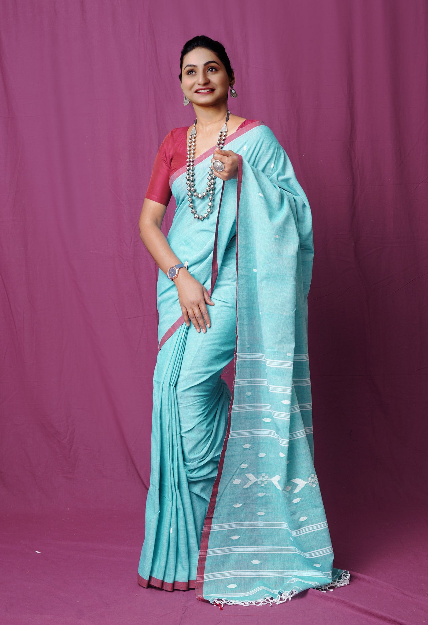 Turquoise Green Pure  Superfine Cotton Linen Saree