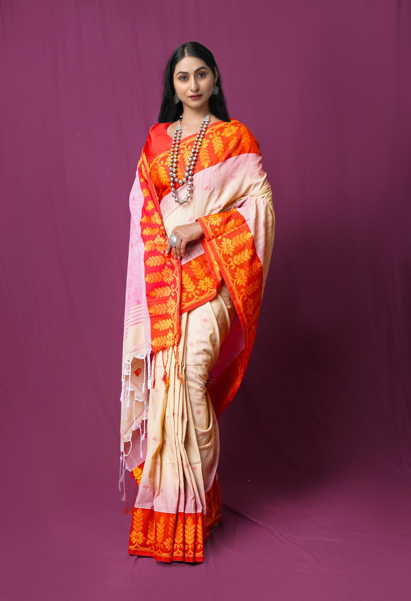 Beige Pure Handloom Bengal Cotton Linen Saree
