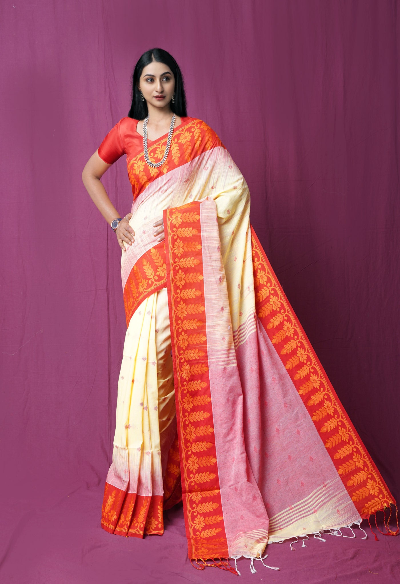 Pastel Yellow Pure Handloom Bengal Cotton Linen Saree