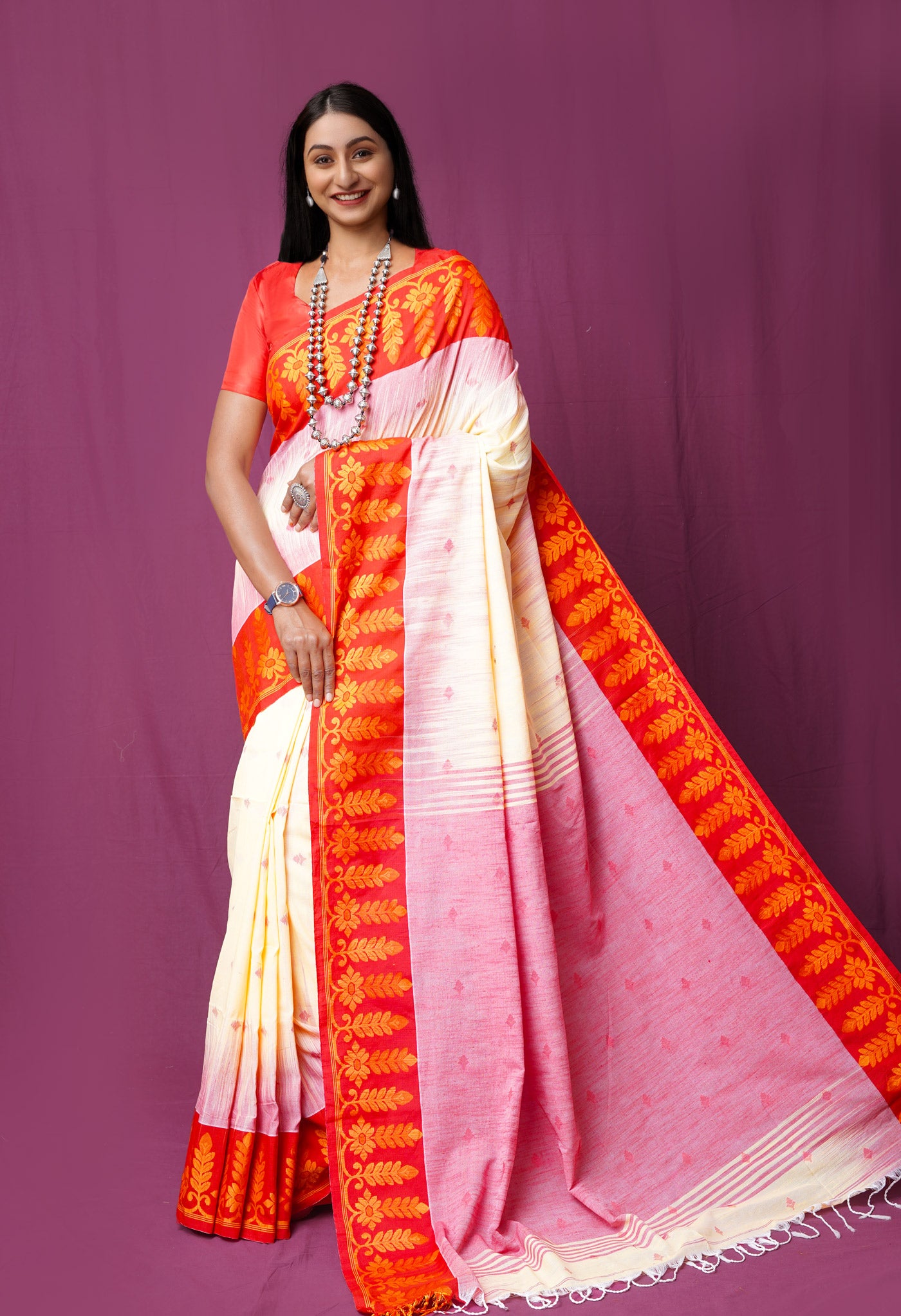 Pastel Orange Pure Handloom Bengal Cotton Linen Saree