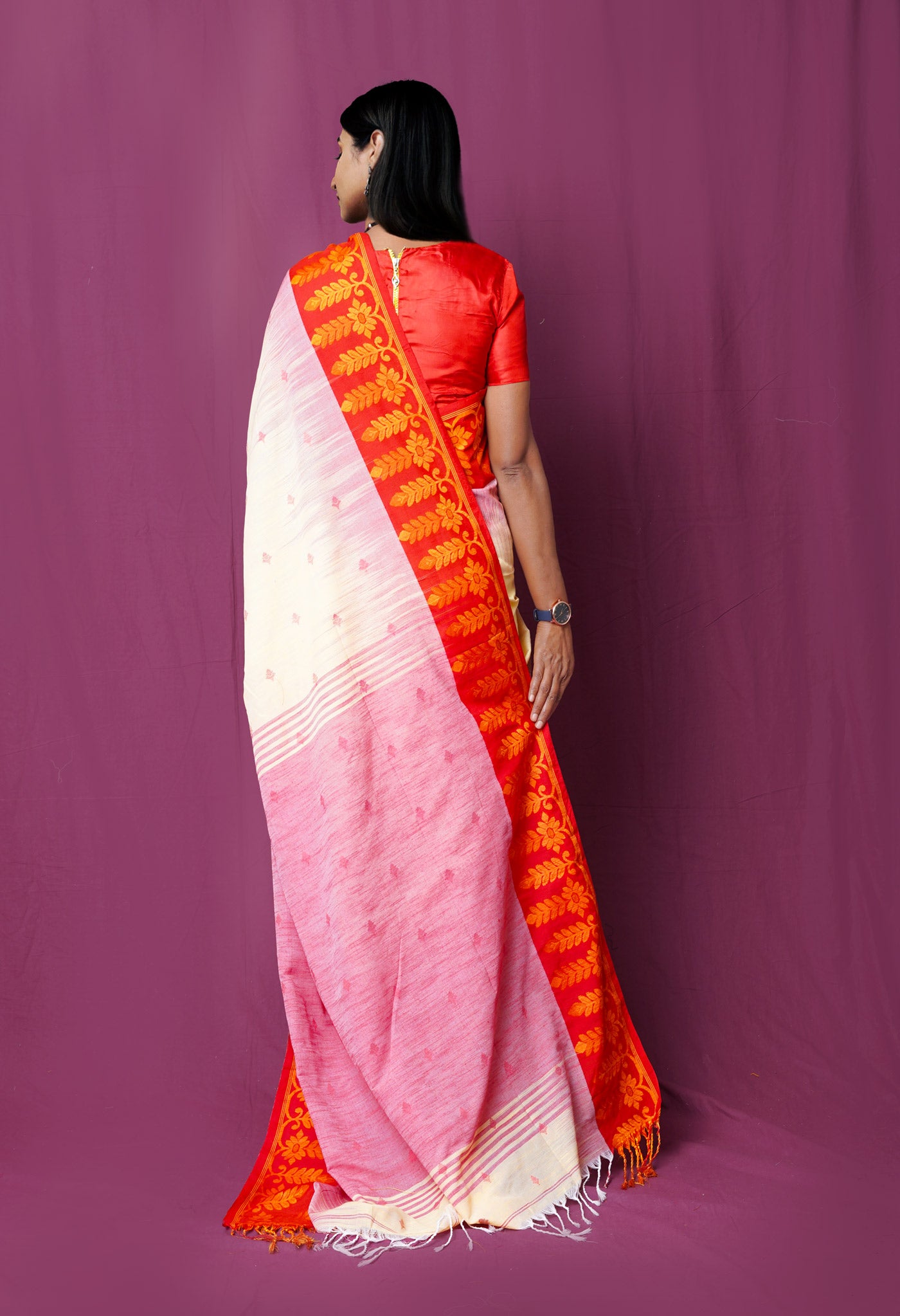 Pastel Orange Pure Handloom Bengal Cotton Linen Saree
