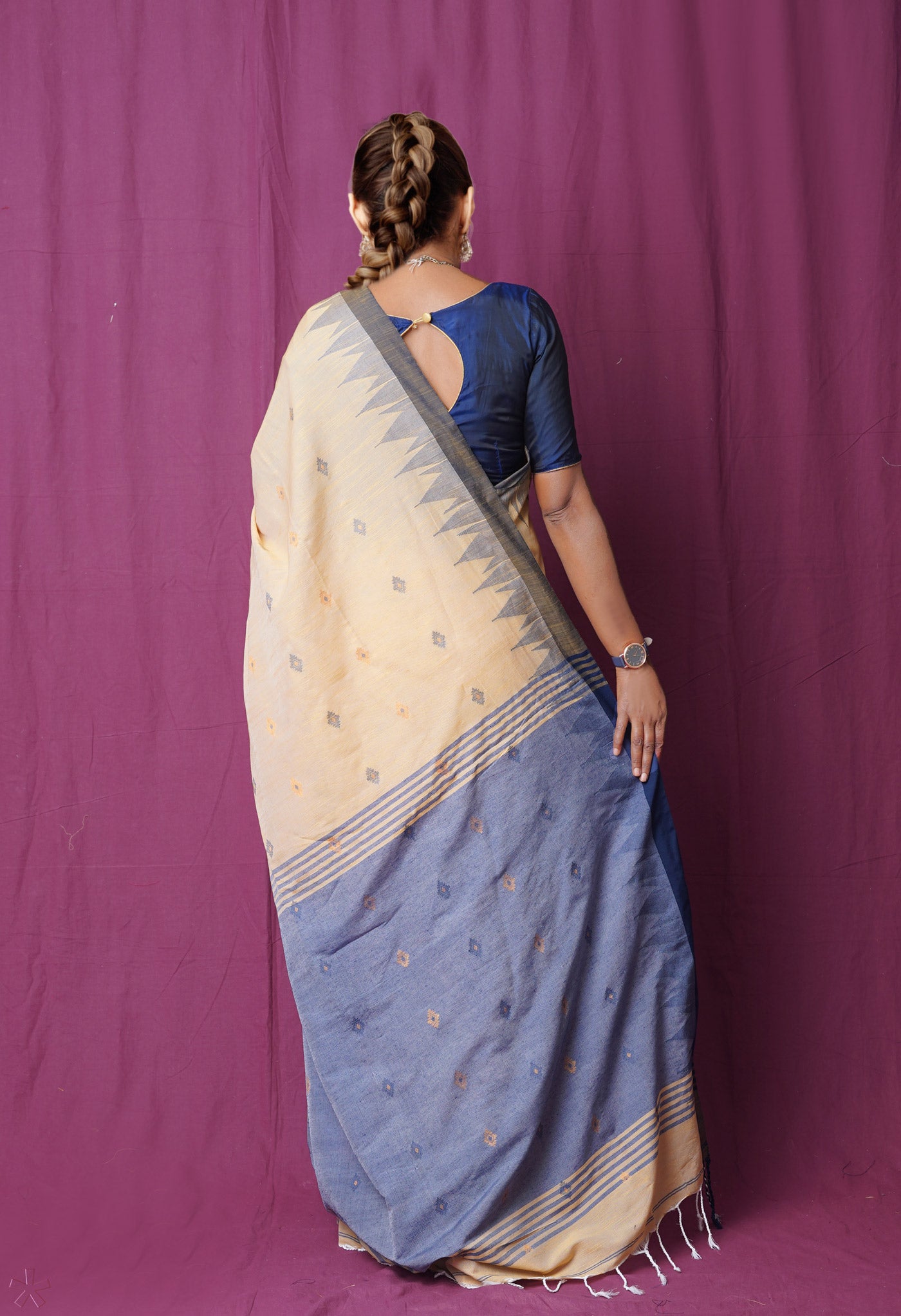 Cream Pure Handloom Bengal Cotton Linen Saree