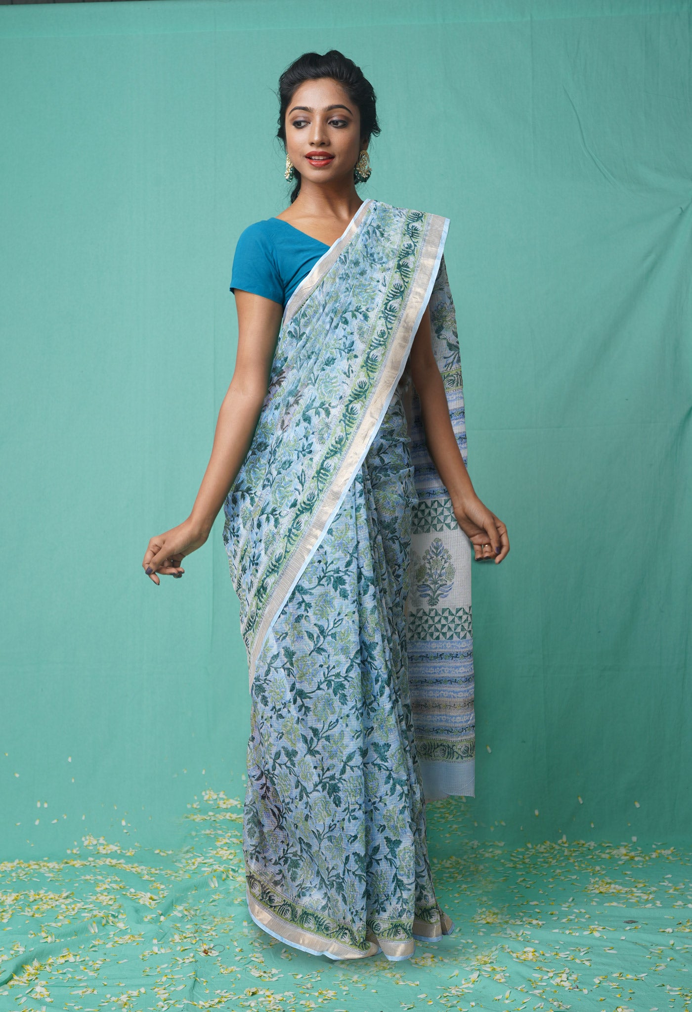 Blue Pure  Hand Block Printed Kota Saree