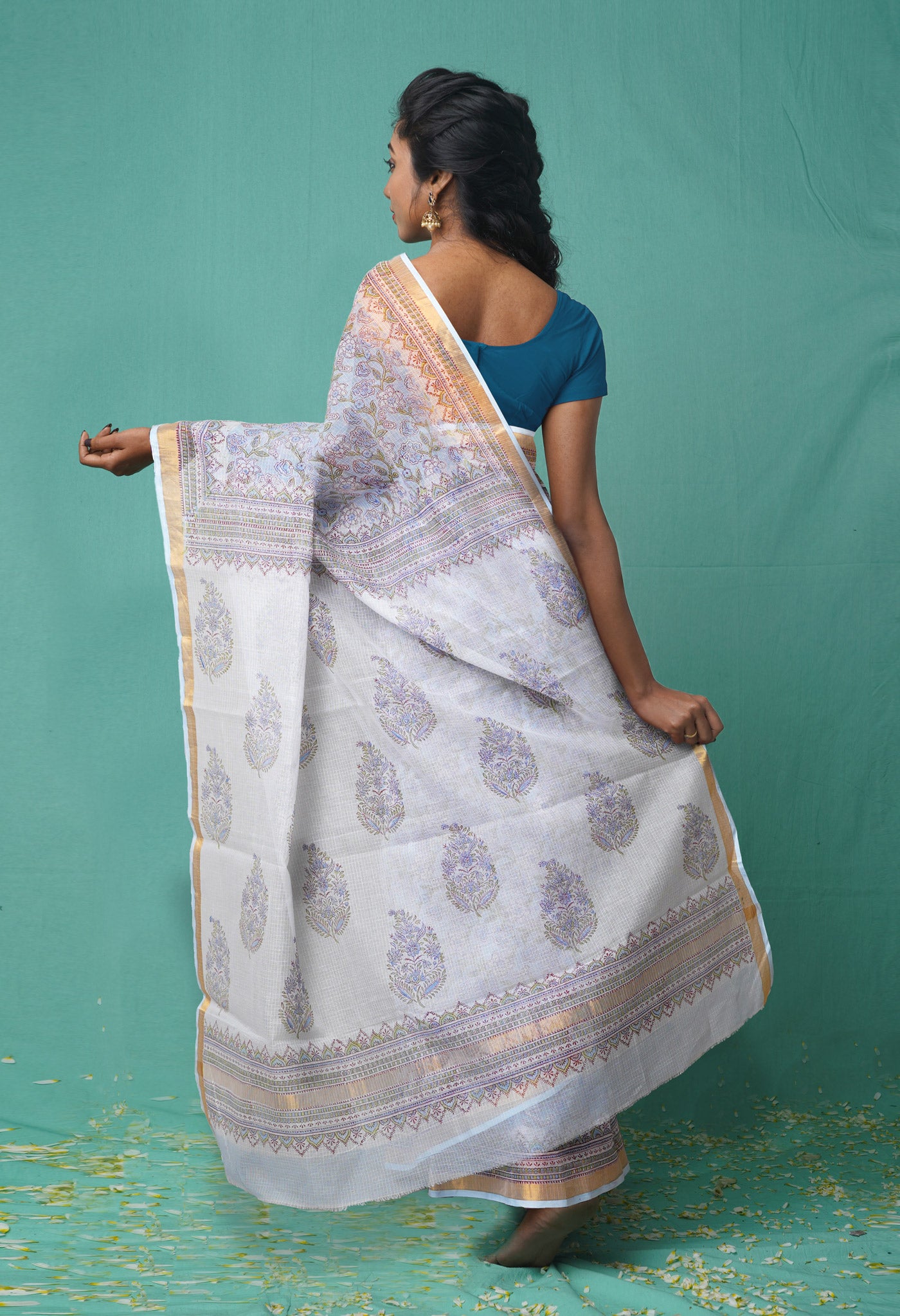 Blue Pure  Hand Block Printed Kota Saree