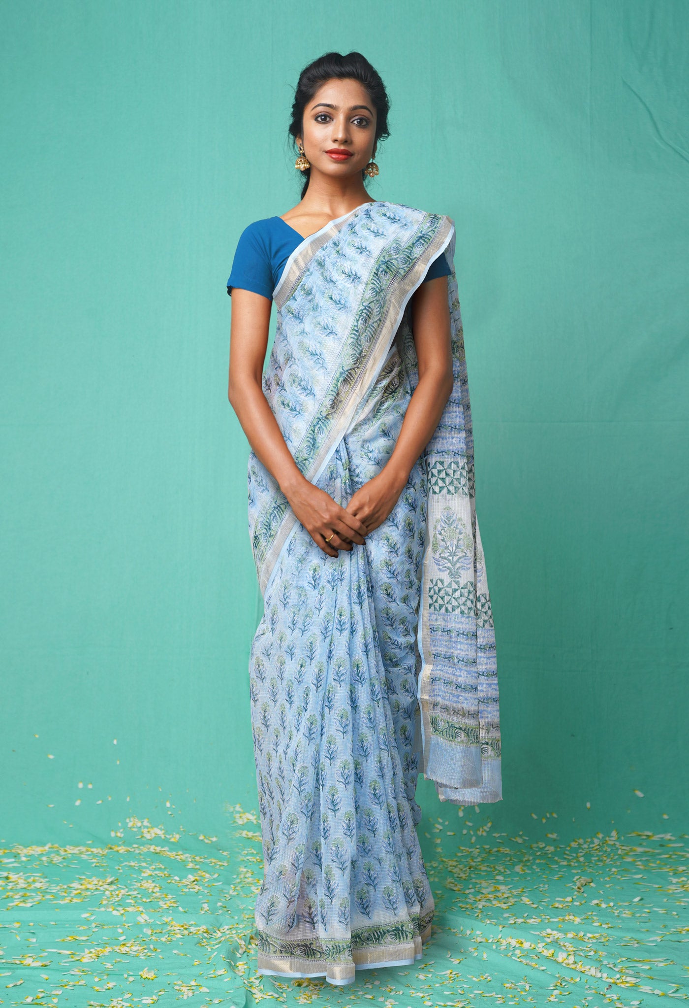 Blue Pure  Hand Block Printed Kota Saree