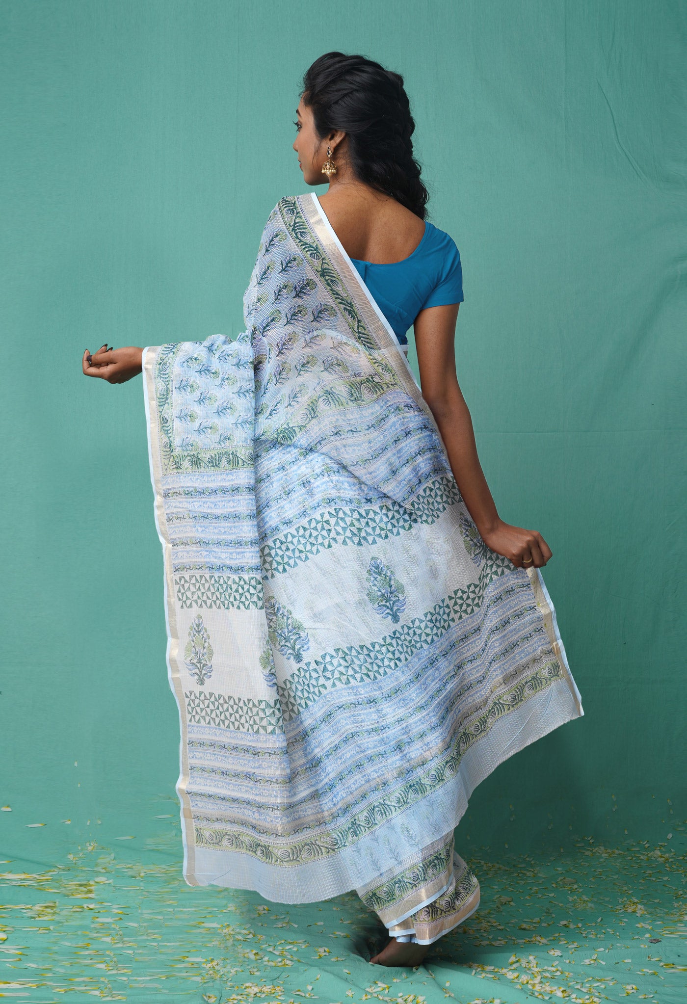 Blue Pure  Hand Block Printed Kota Saree