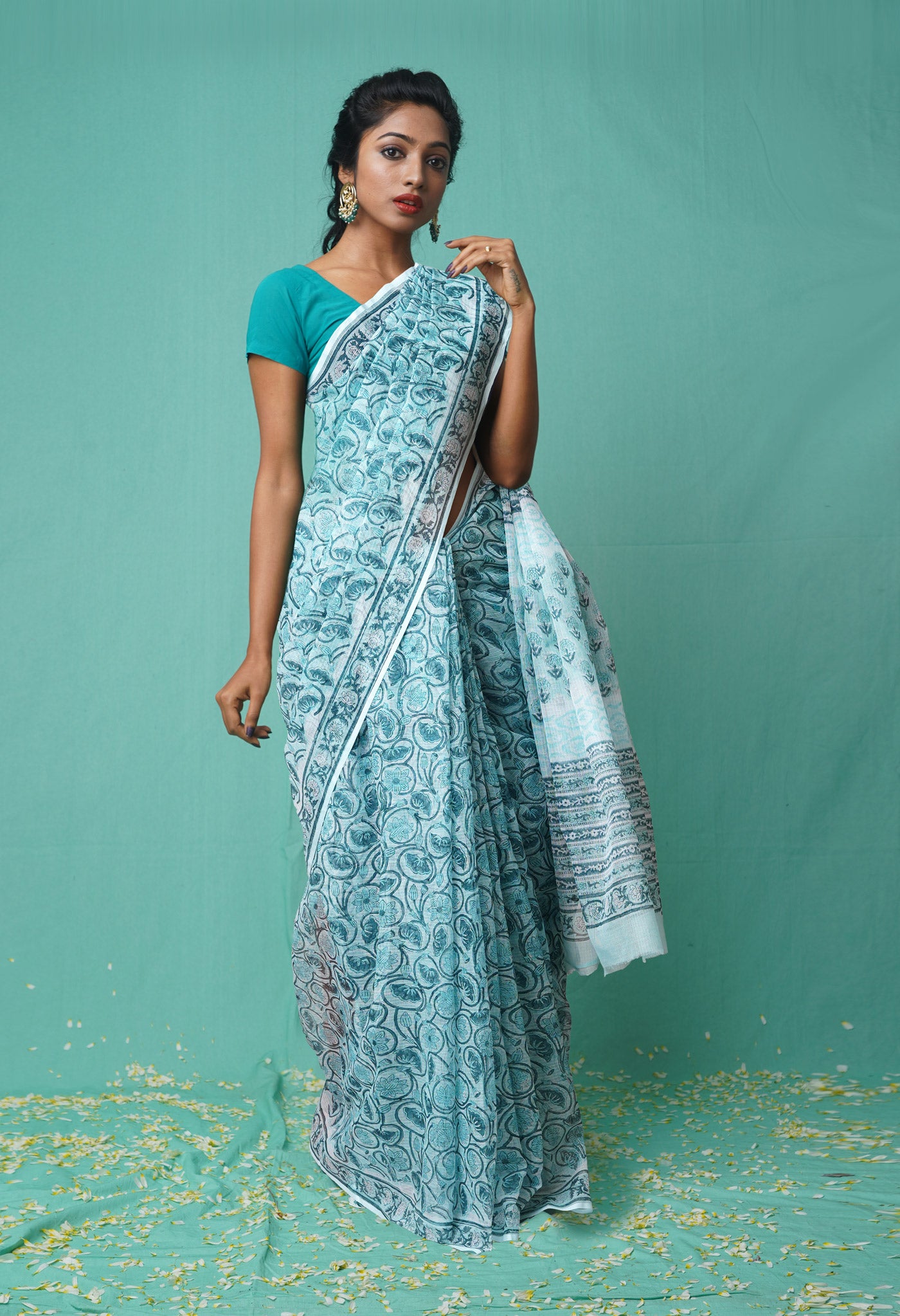 Pastel Bluish Green Pure  Hand Block Printed Kota Saree