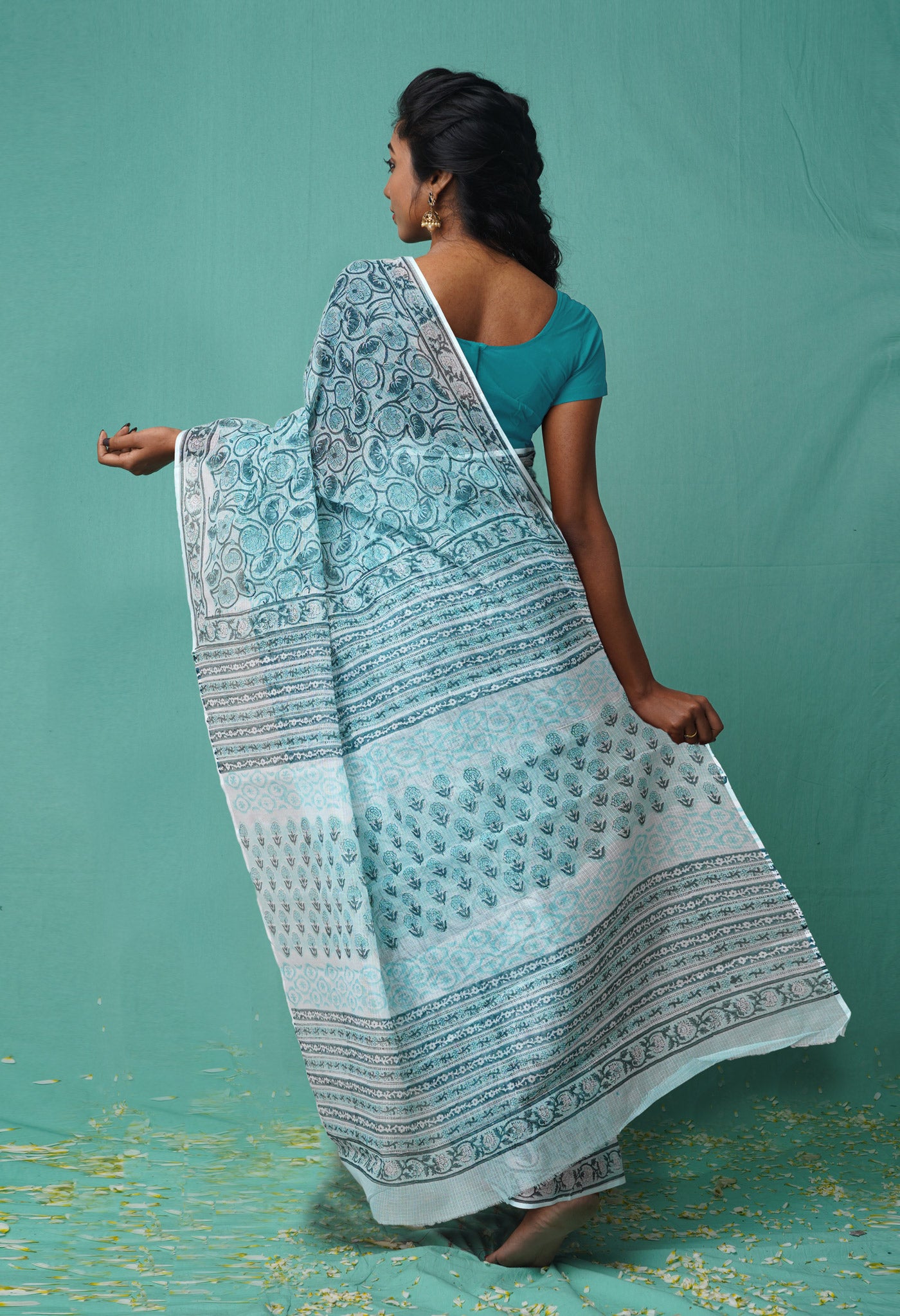 Pastel Bluish Green Pure  Hand Block Printed Kota Saree