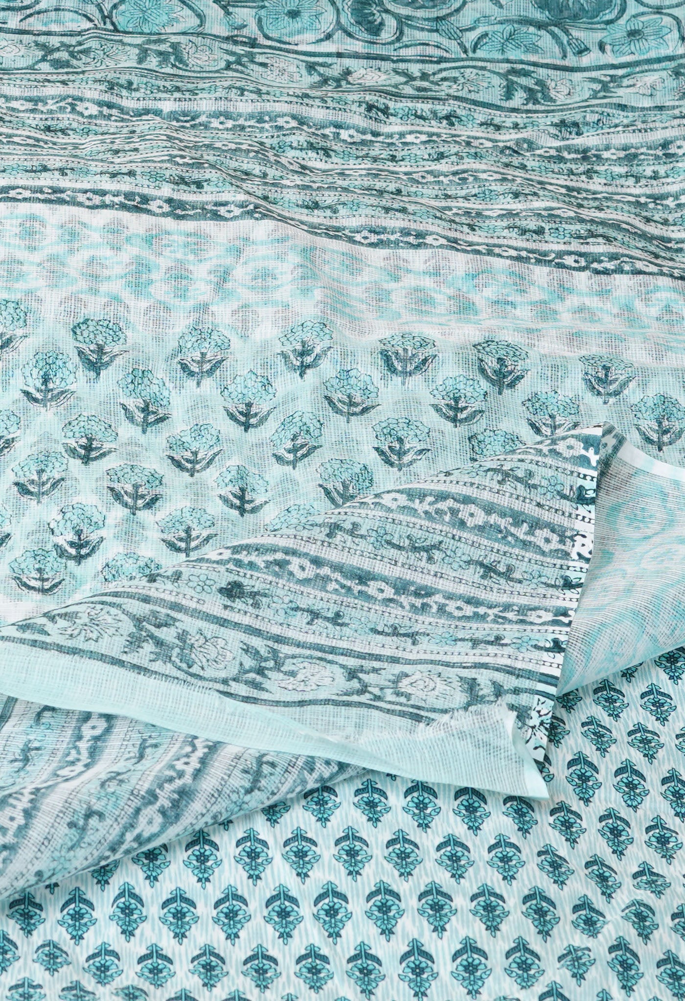 Pastel Bluish Green Pure  Hand Block Printed Kota Saree-UNM77746