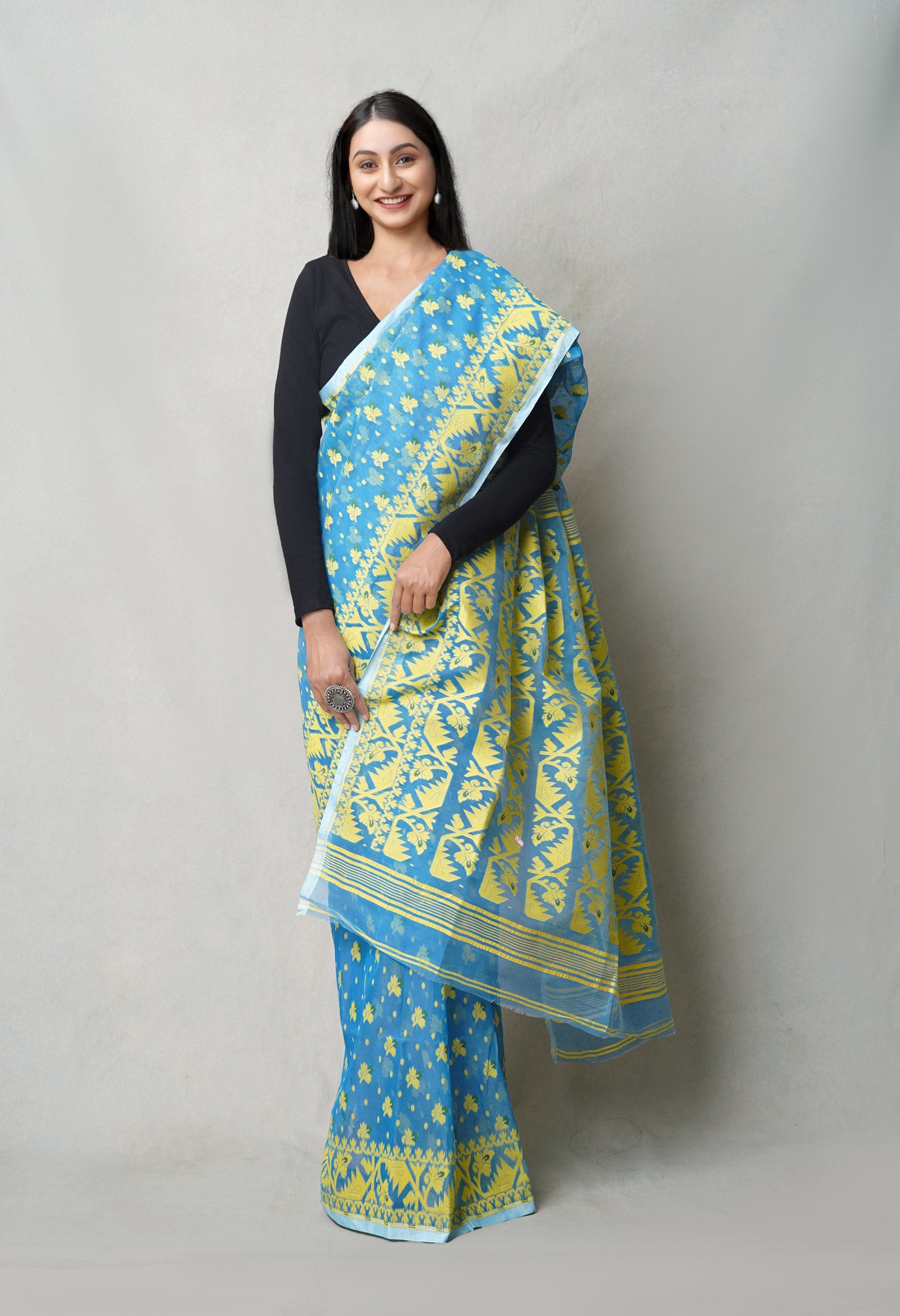 Blue Pure Handloom Dhakai Jamdhani Cotton Saree