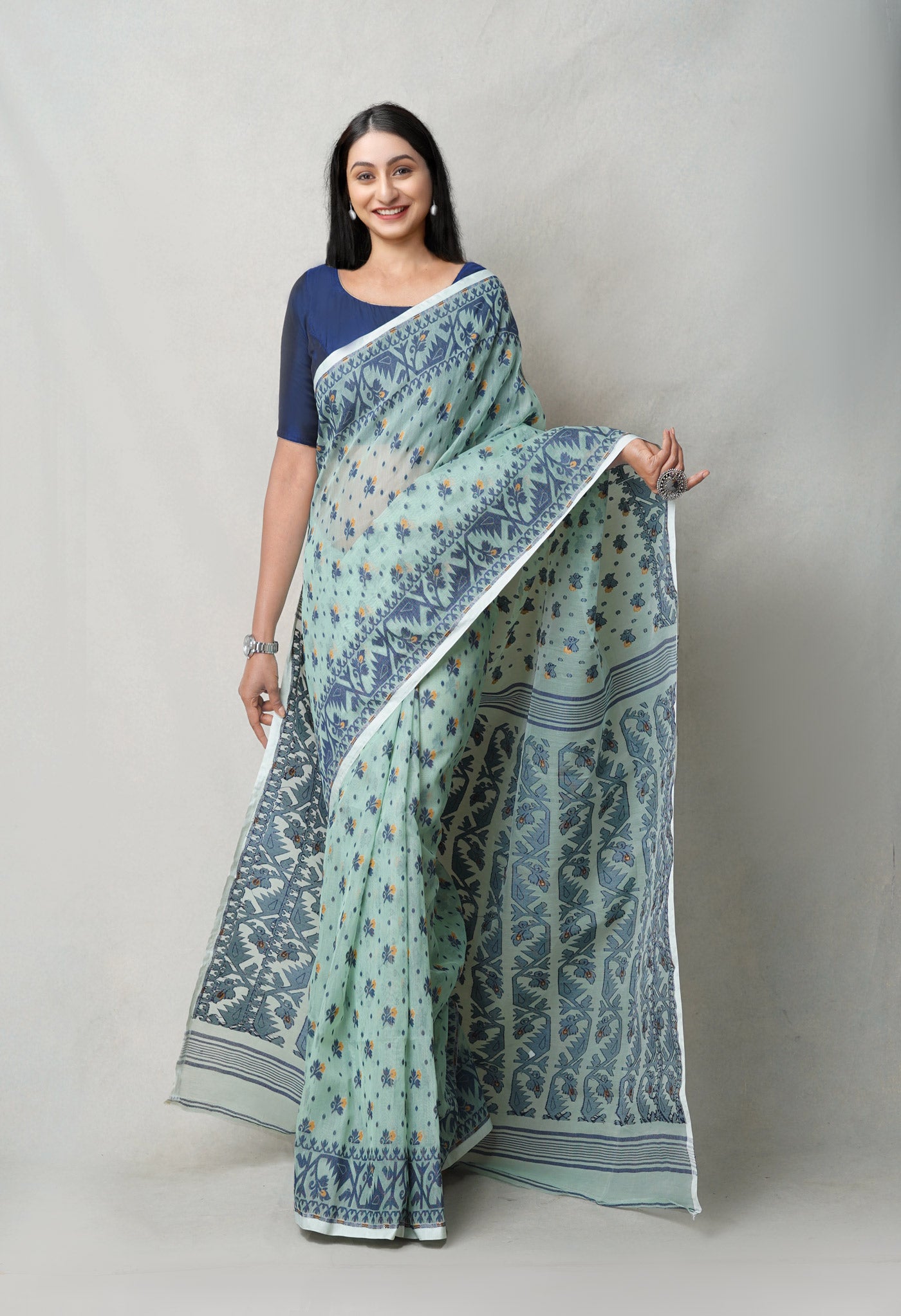 Pastel Green Pure Handloom Dhakai Jamdhani Cotton Saree