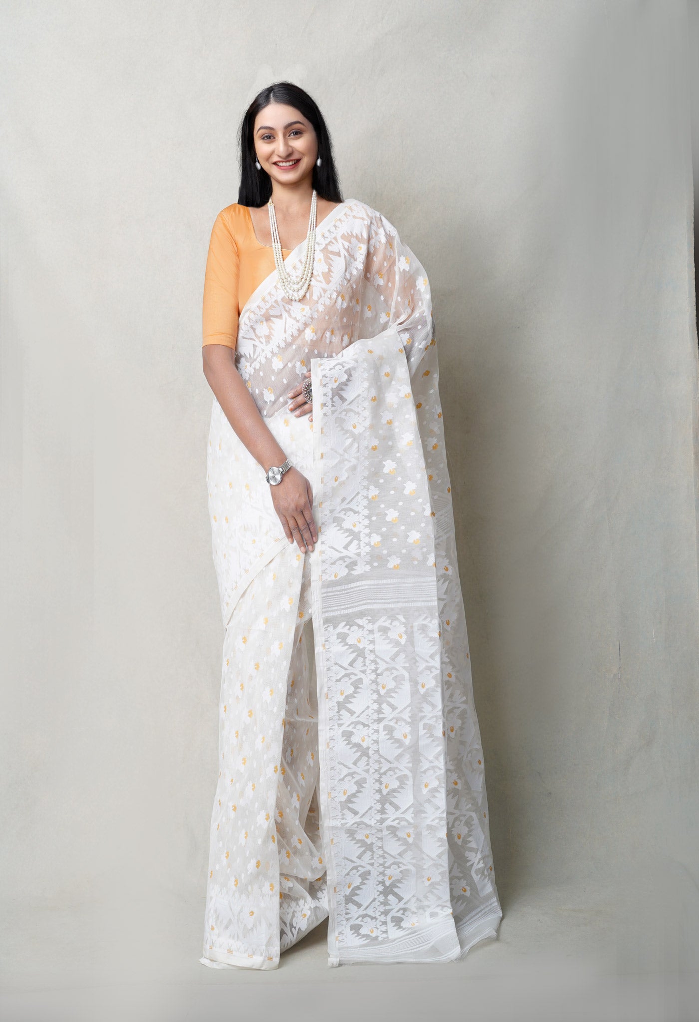 White Pure Handloom Dhakai Jamdhani Cotton Saree