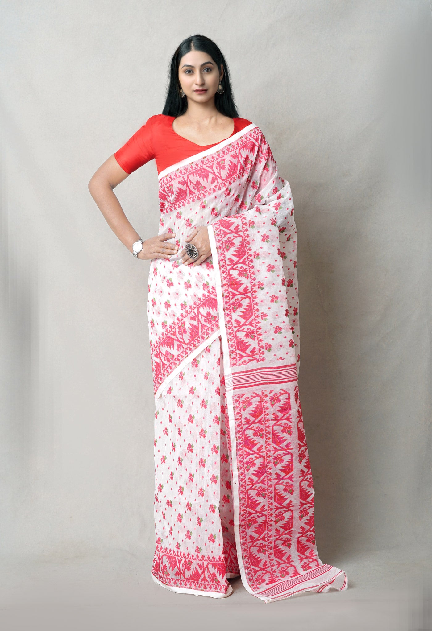 White Pure Handloom Dhakai Jamdhani Cotton Saree