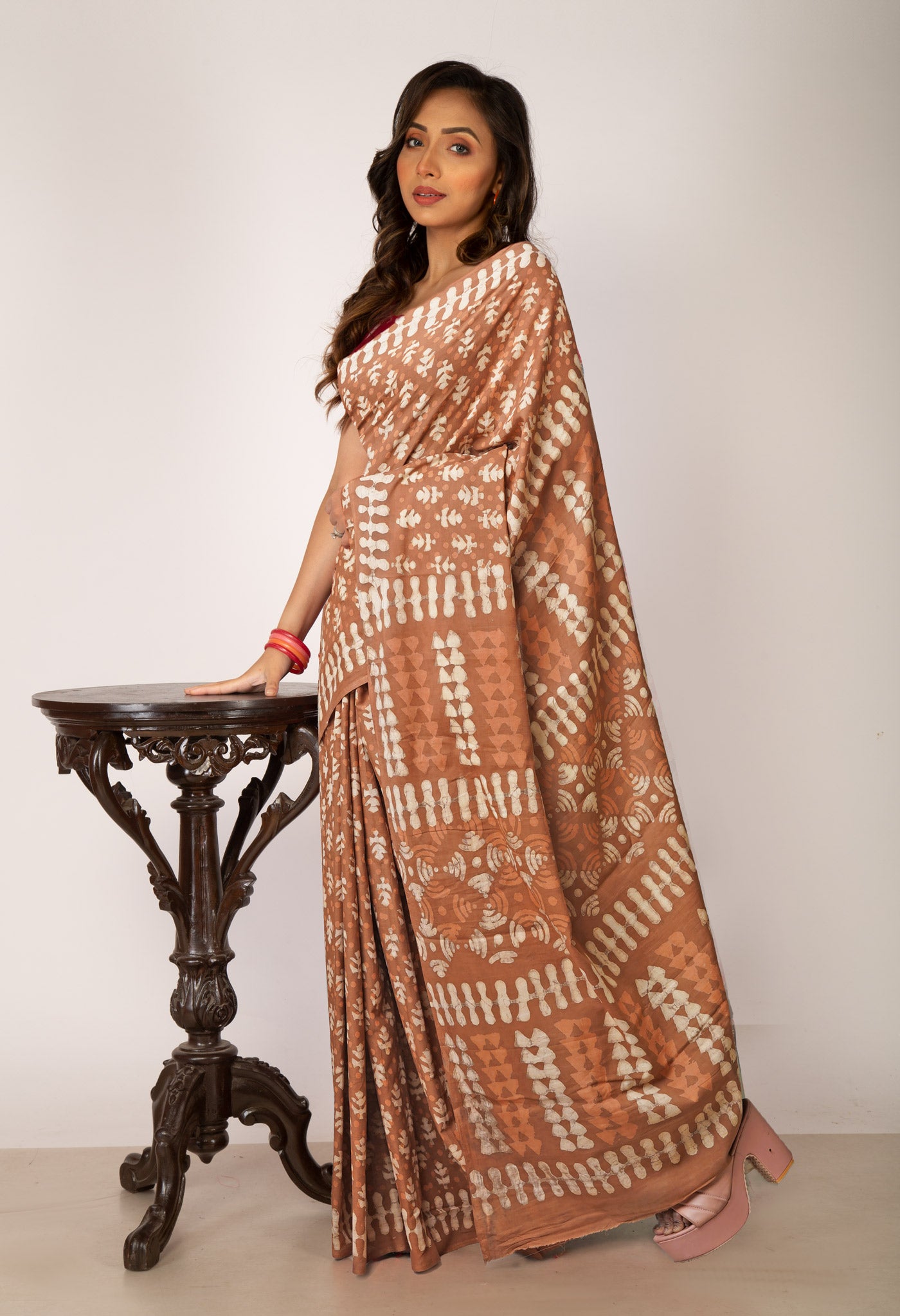 Brown Pure  Dabu Printed Mulmul Cotton Saree