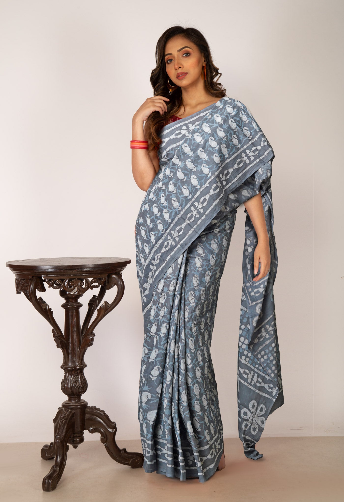 Grey Pure  Dabu Printed Mulmul Cotton Saree