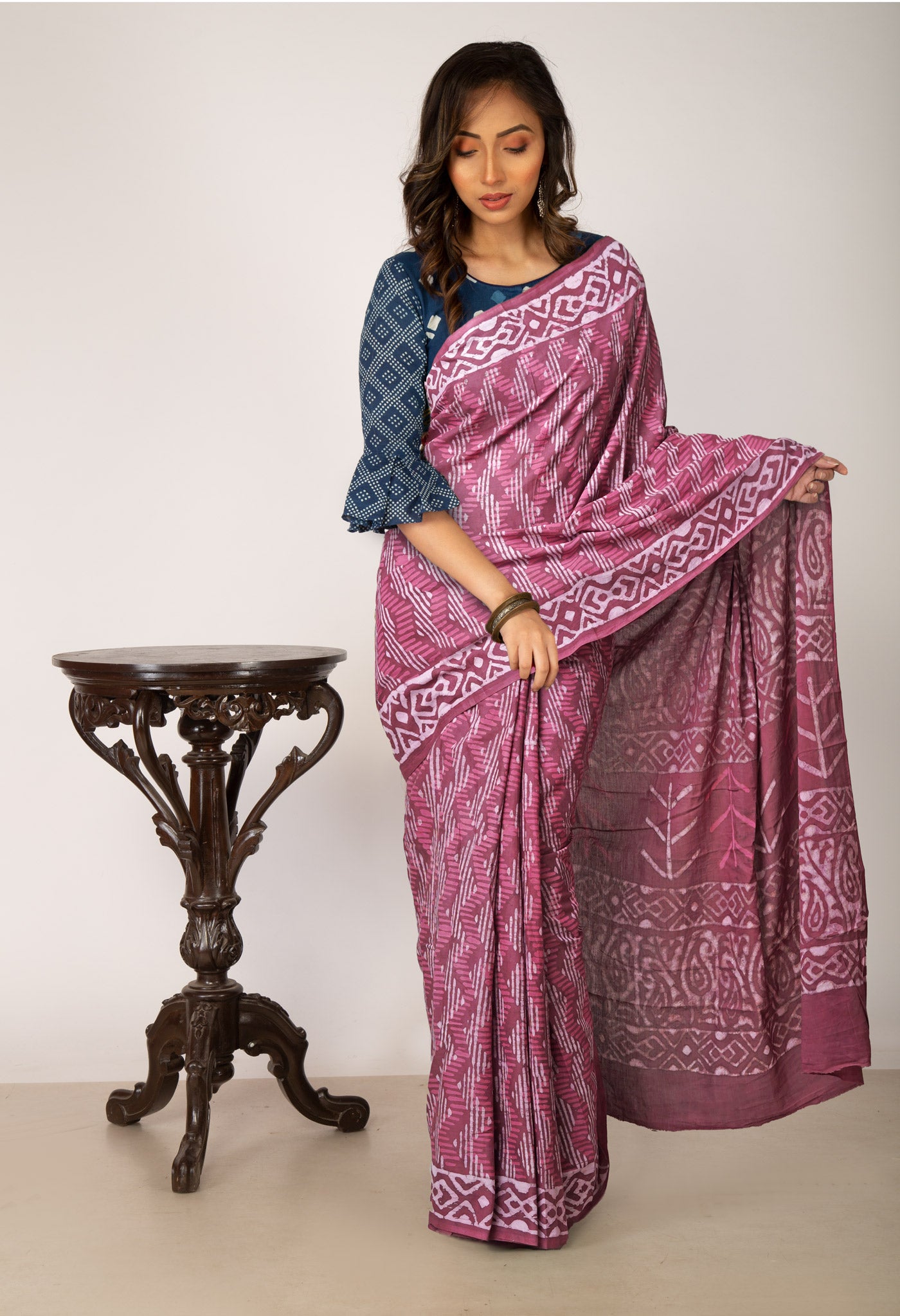 Brownish Pink Pure  Dabu Printed Mulmul Cotton Saree