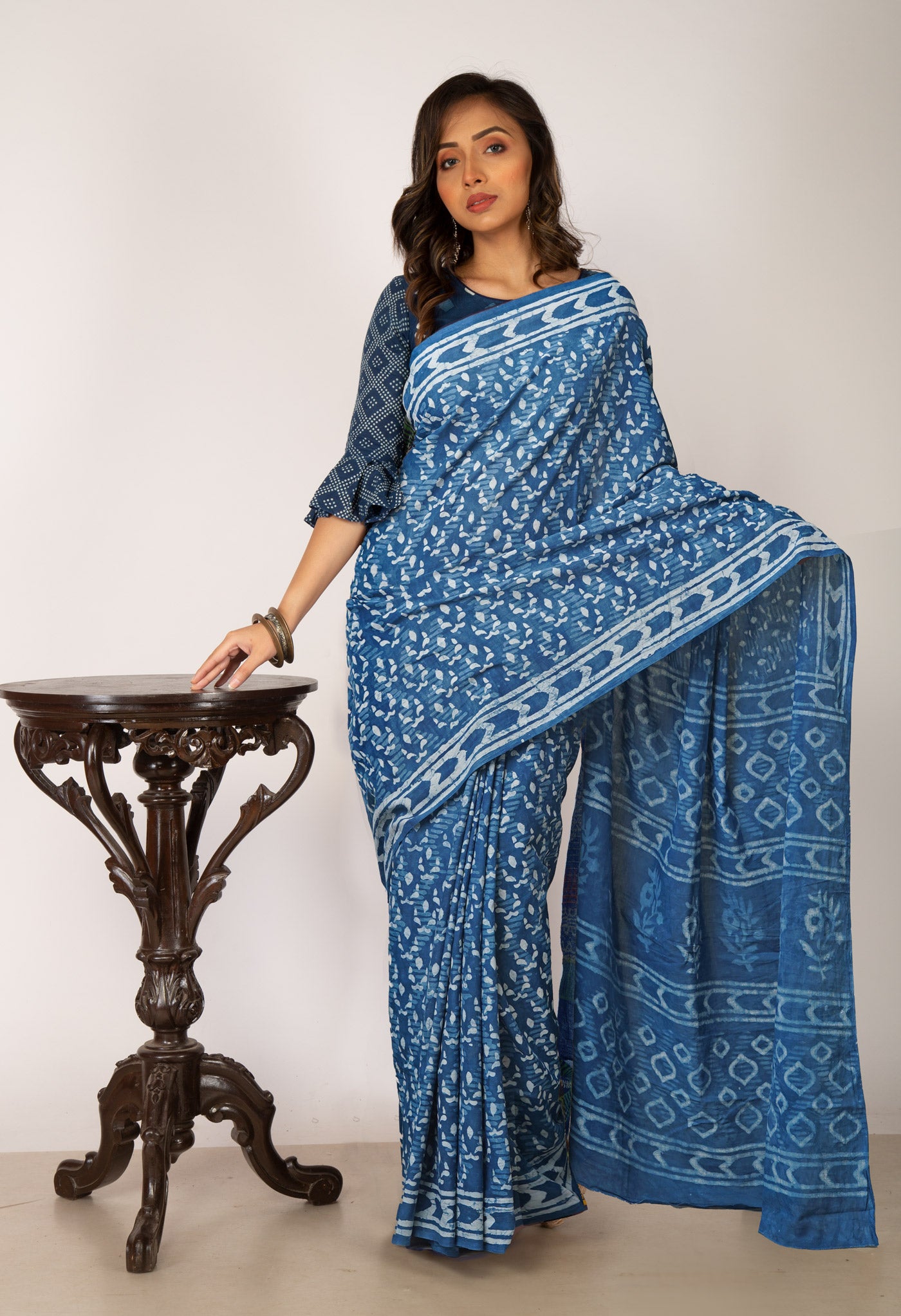 Indigo Blue Pure  Dabu Printed Mulmul Cotton Saree