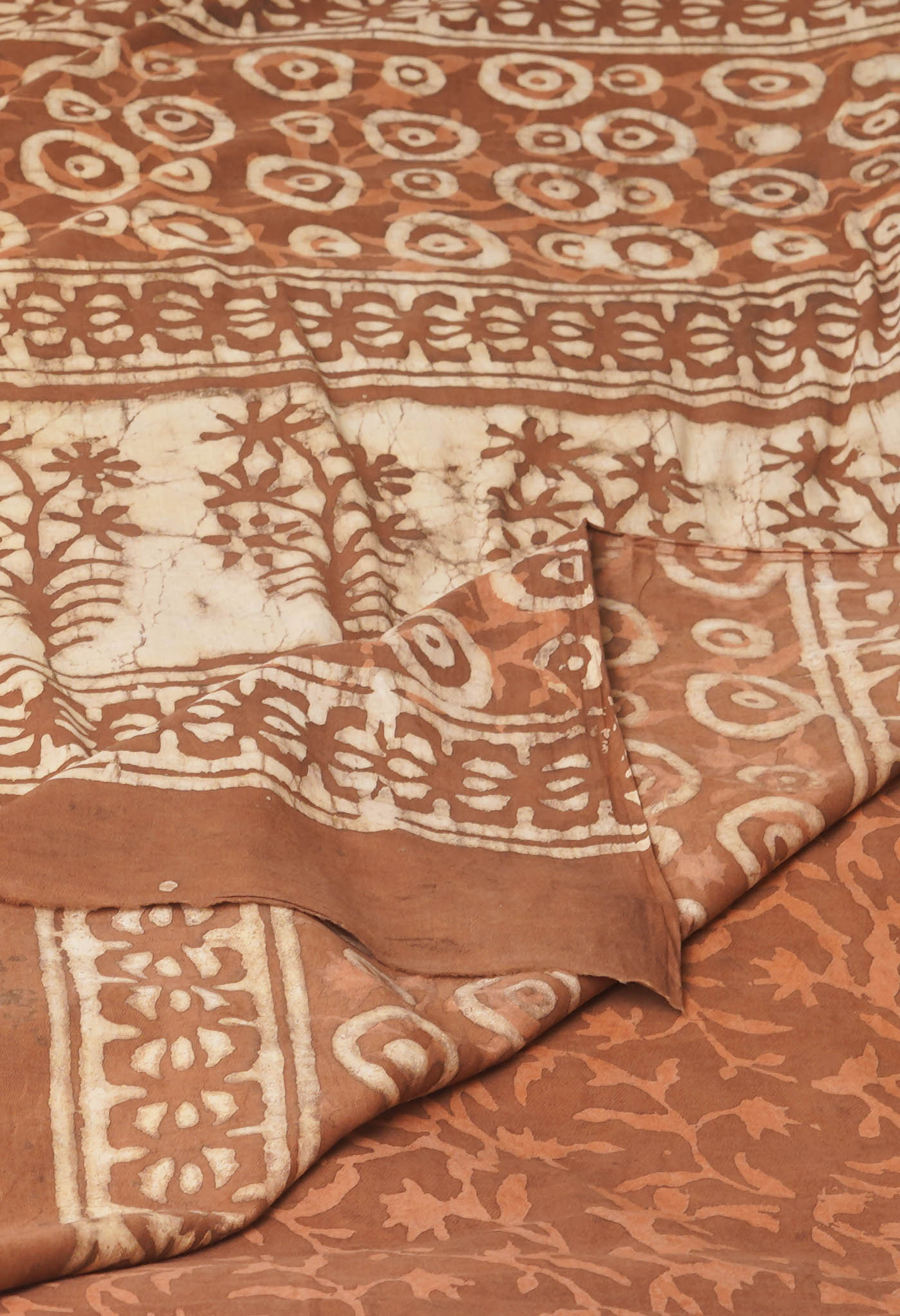 Brown Pure  Dabu Printed Mulmul Cotton Saree