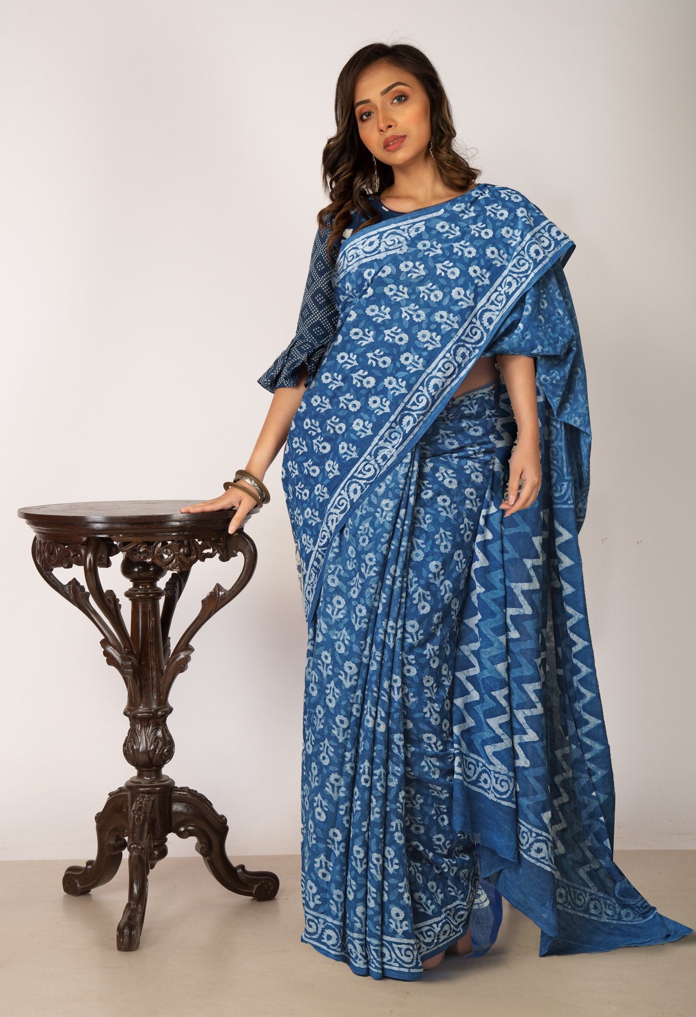 Indigo Blue Pure  Dabu Printed MulmulCotton Saree