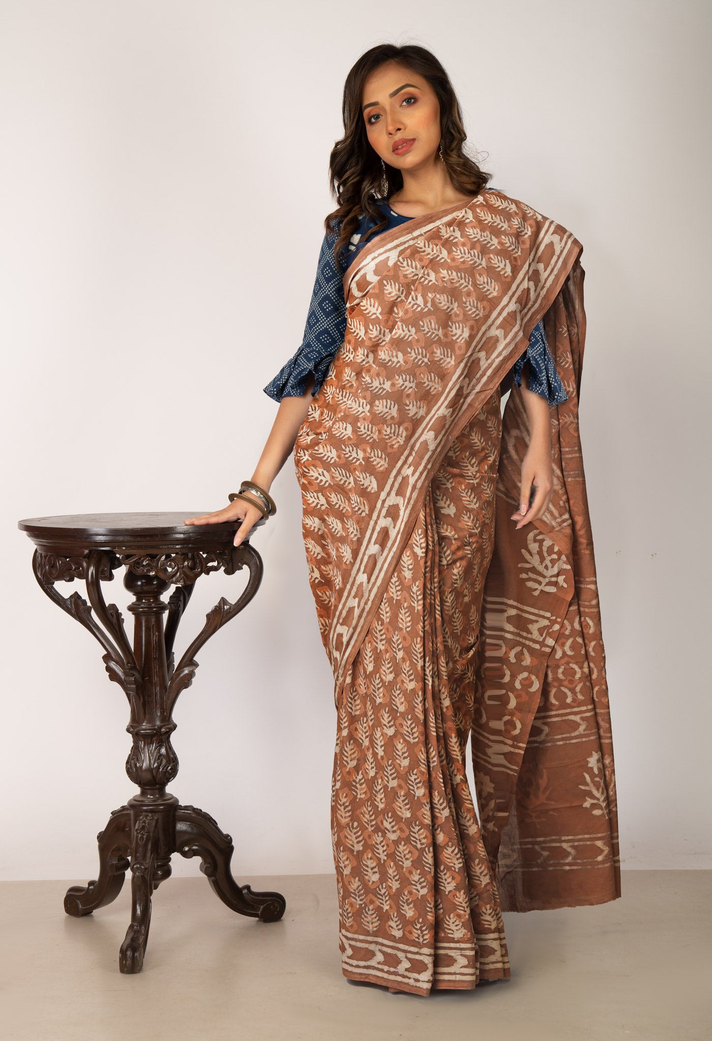 Brown Pure  Dabu Printed Mulmul Cotton Saree