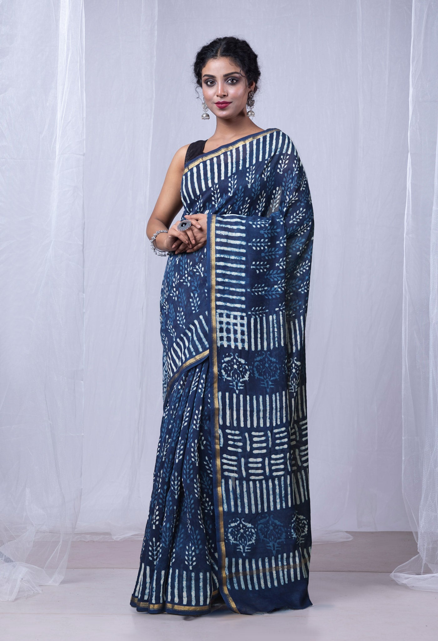 Indigo Blue Pure  Dabu Printed Chanderi Sico Saree-UNM77783
